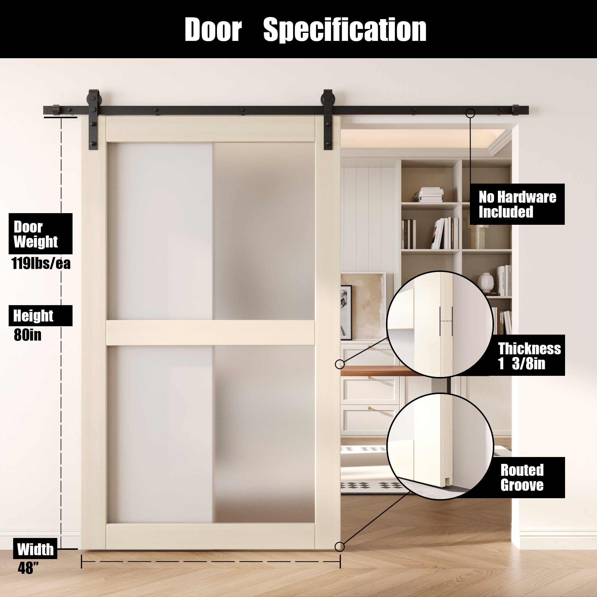 80" Height Tinsmith Gray 2-Lite Frosted Glass Unassembled & Finished Pine Wood Barn Door (Interior Use Only)