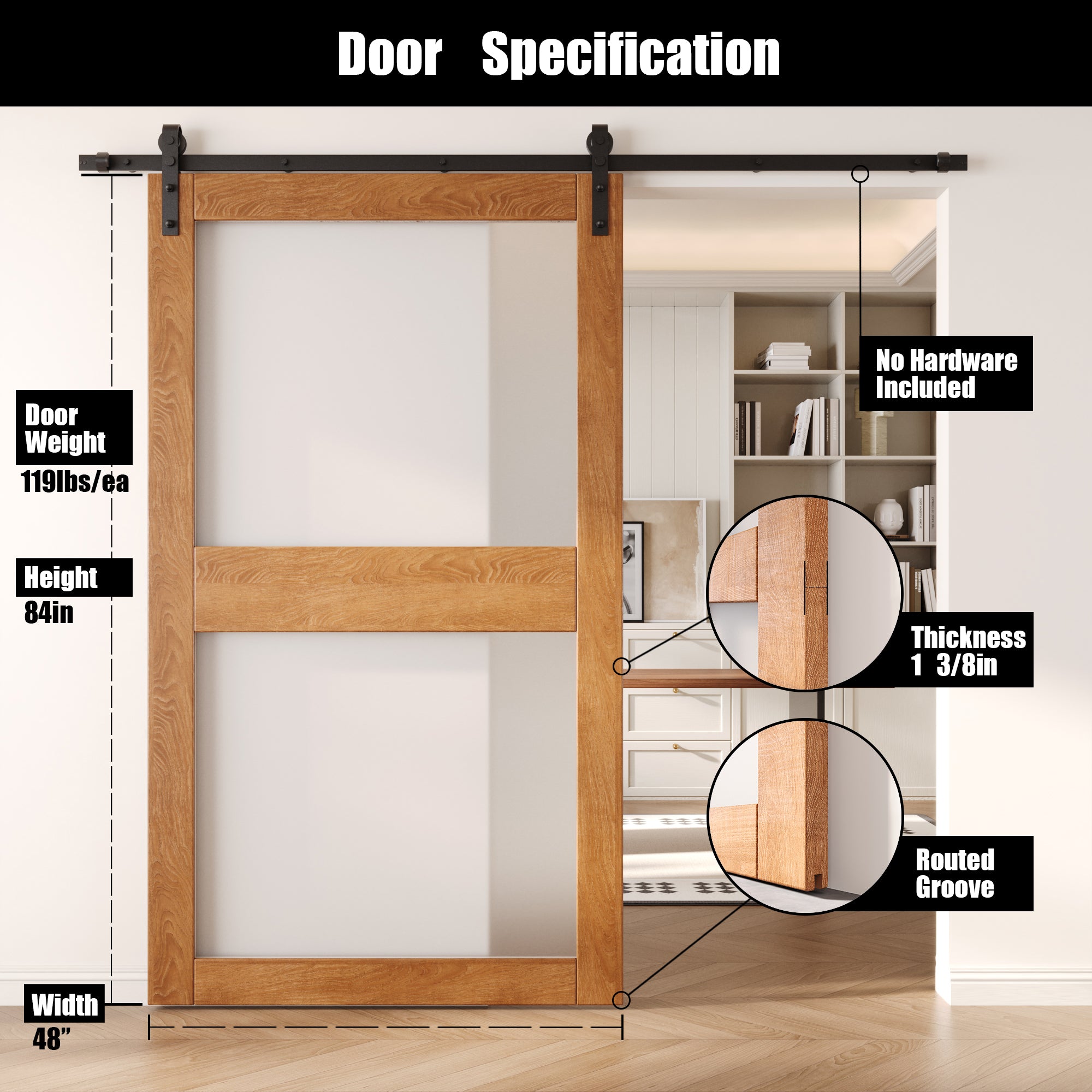 84" Height Early American 2-Lite Frosted Glass Unassembled & Finished Pine Wood Barn Door (Interior Use Only)
