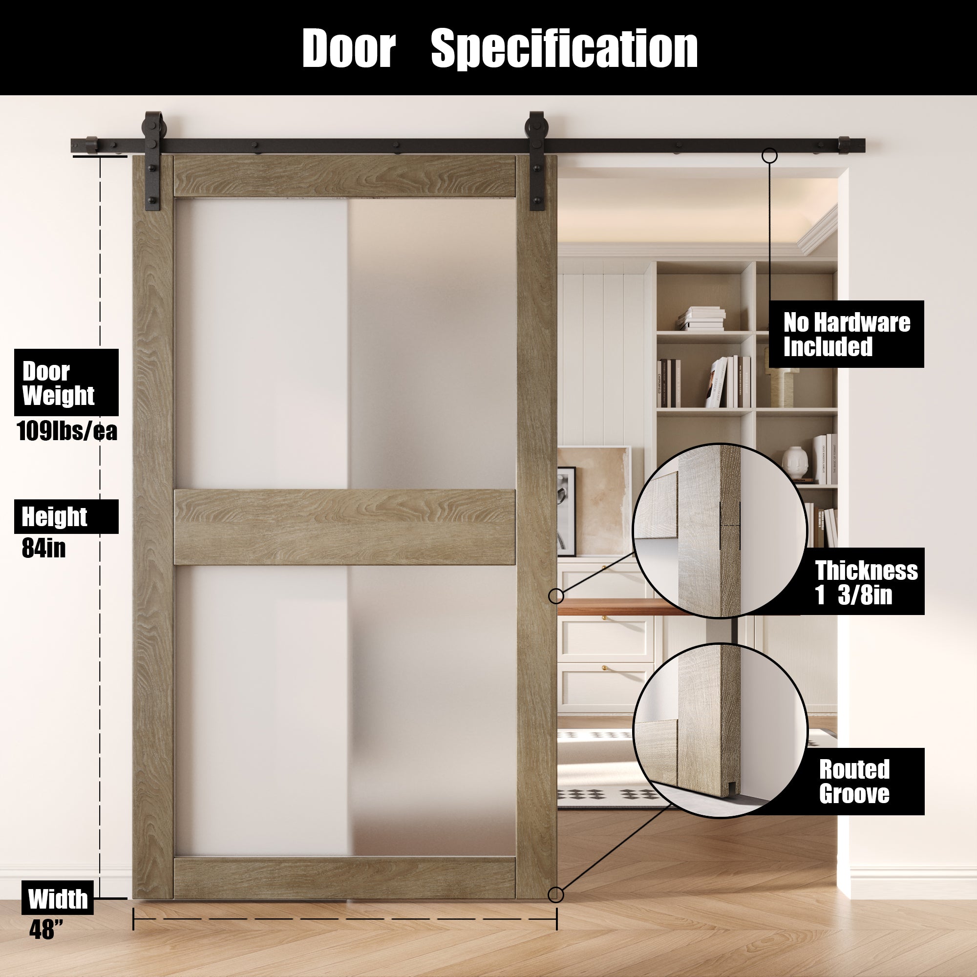 84" Height Classic Gray 2-Lite Frosted Glass Unassembled & Finished Pine Wood Barn Door (Interior Use Only)