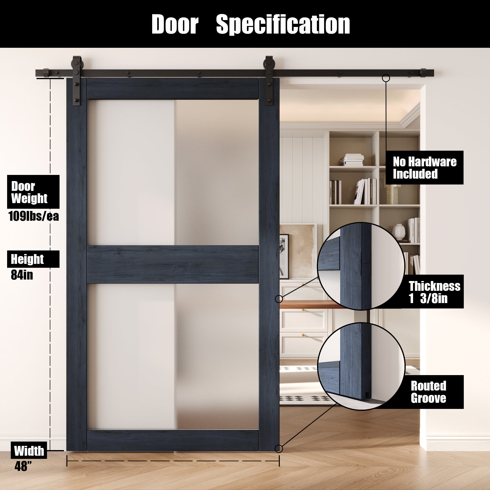 84" Height Navy 2-Lite Frosted Glass Unassembled & Finished Pine Wood Barn Door (Interior Use Only)