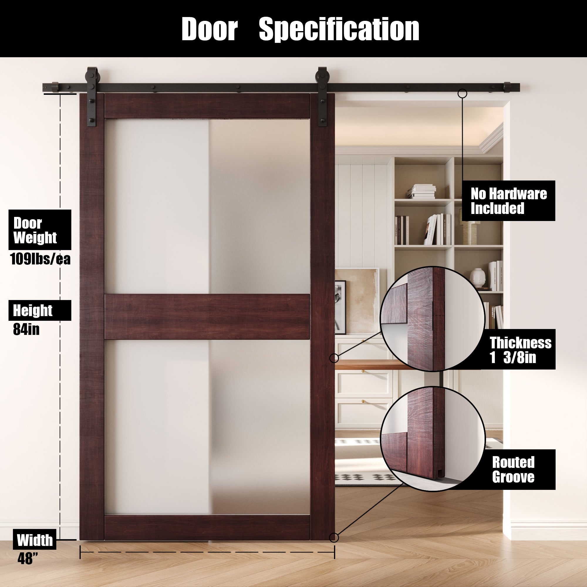 84" Height Red Mahogany 2-Lite Frosted Glass Unassembled & Finished Pine Wood Barn Door (Interior Use Only)