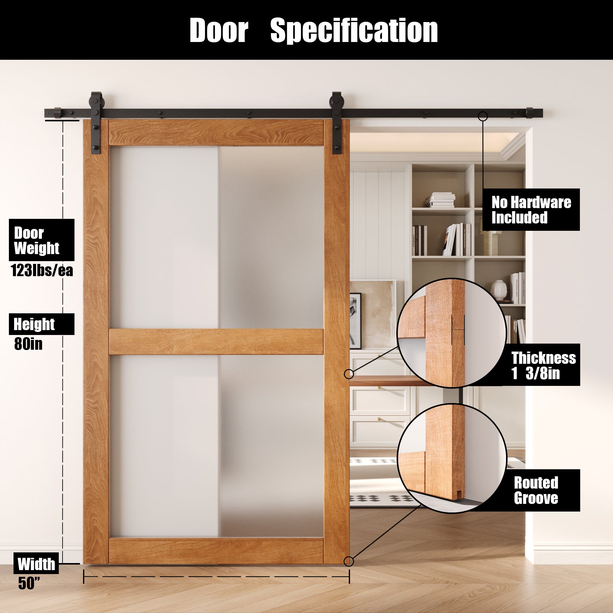 80" Height Early American 2-Lite Frosted Glass Unassembled & Finished Pine Wood Barn Door (Interior Use Only)