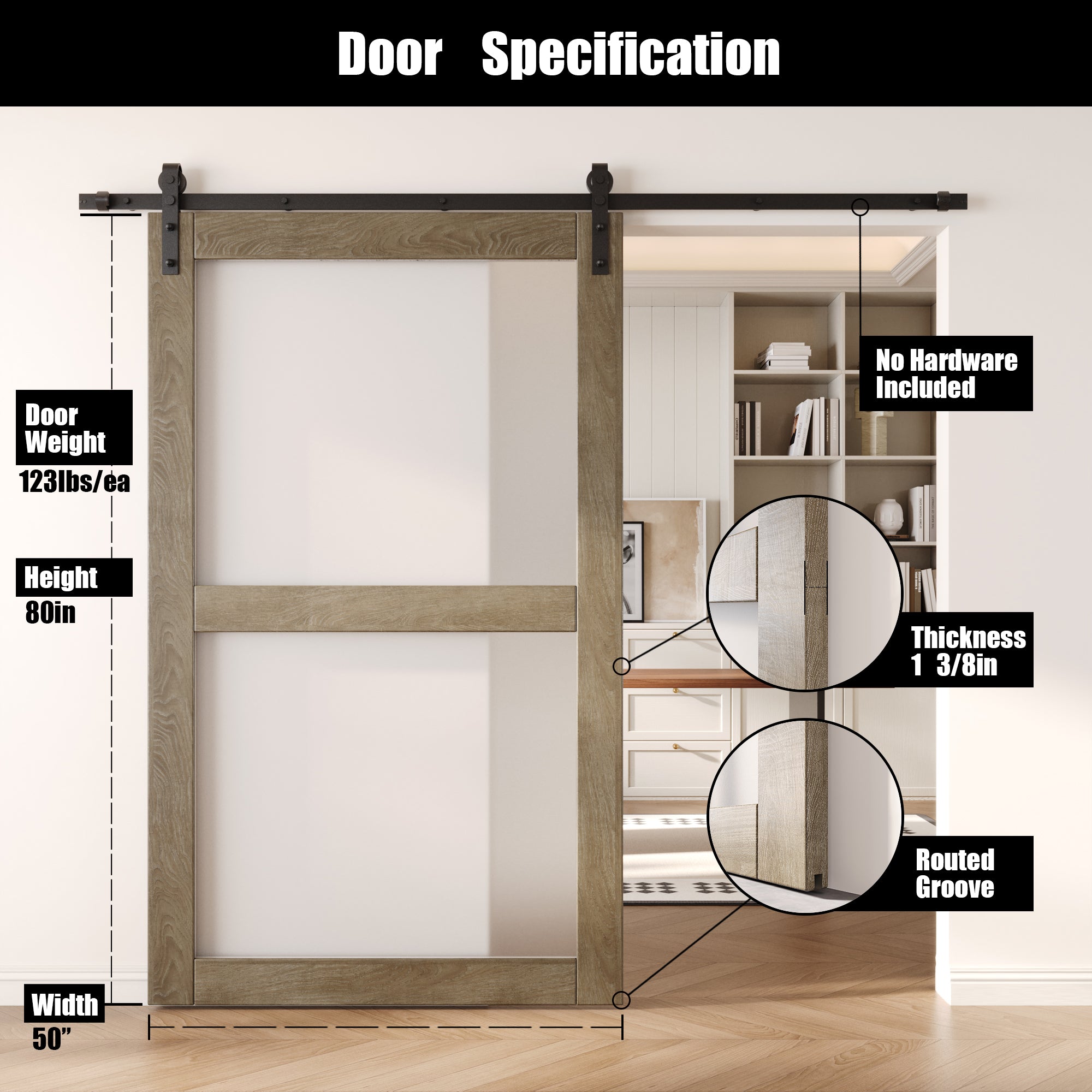 80" Height Classic Gray 2-Lite Frosted Glass Unassembled & Finished Pine Wood Barn Door (Interior Use Only)