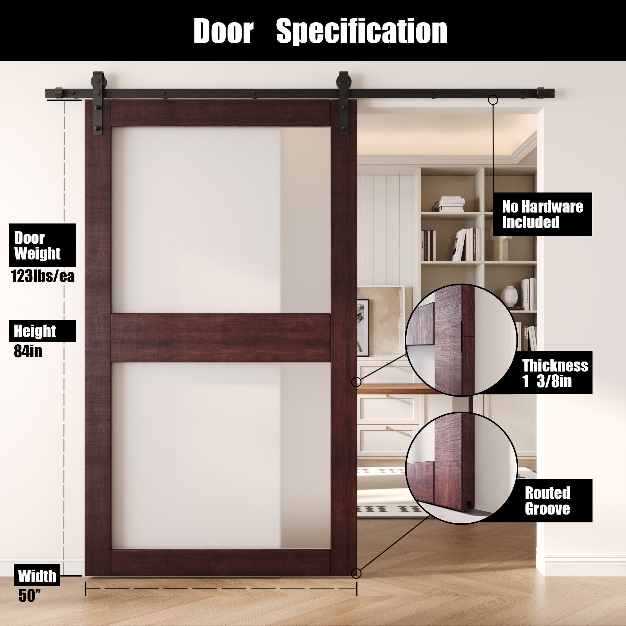 84" Height Red Mahogany 2-Lite Frosted Glass Unassembled & Finished Pine Wood Barn Door (Interior Use Only)
