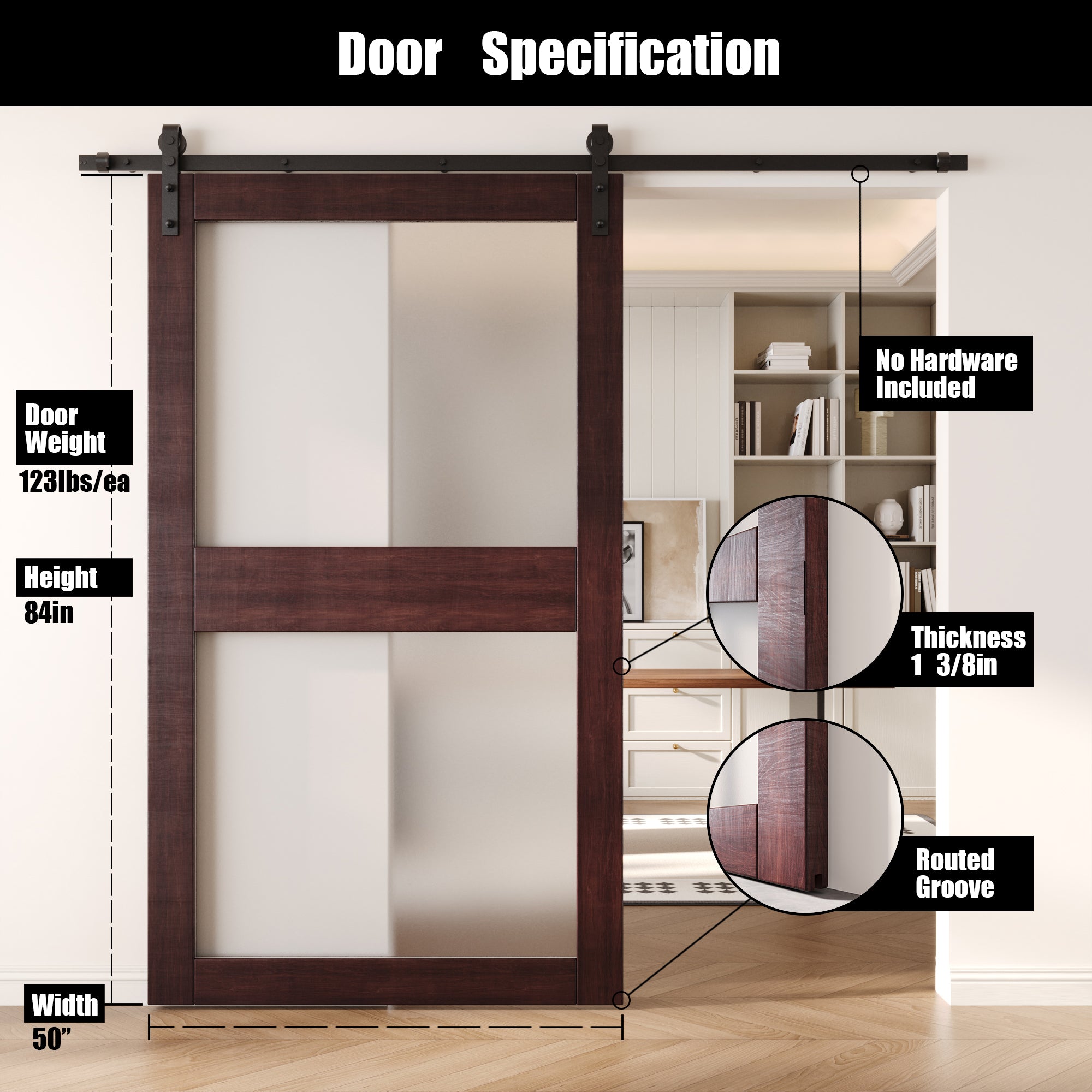 84" Height Red Mahogany 2-Lite Frosted Glass Unassembled & Finished Pine Wood Barn Door (Interior Use Only)