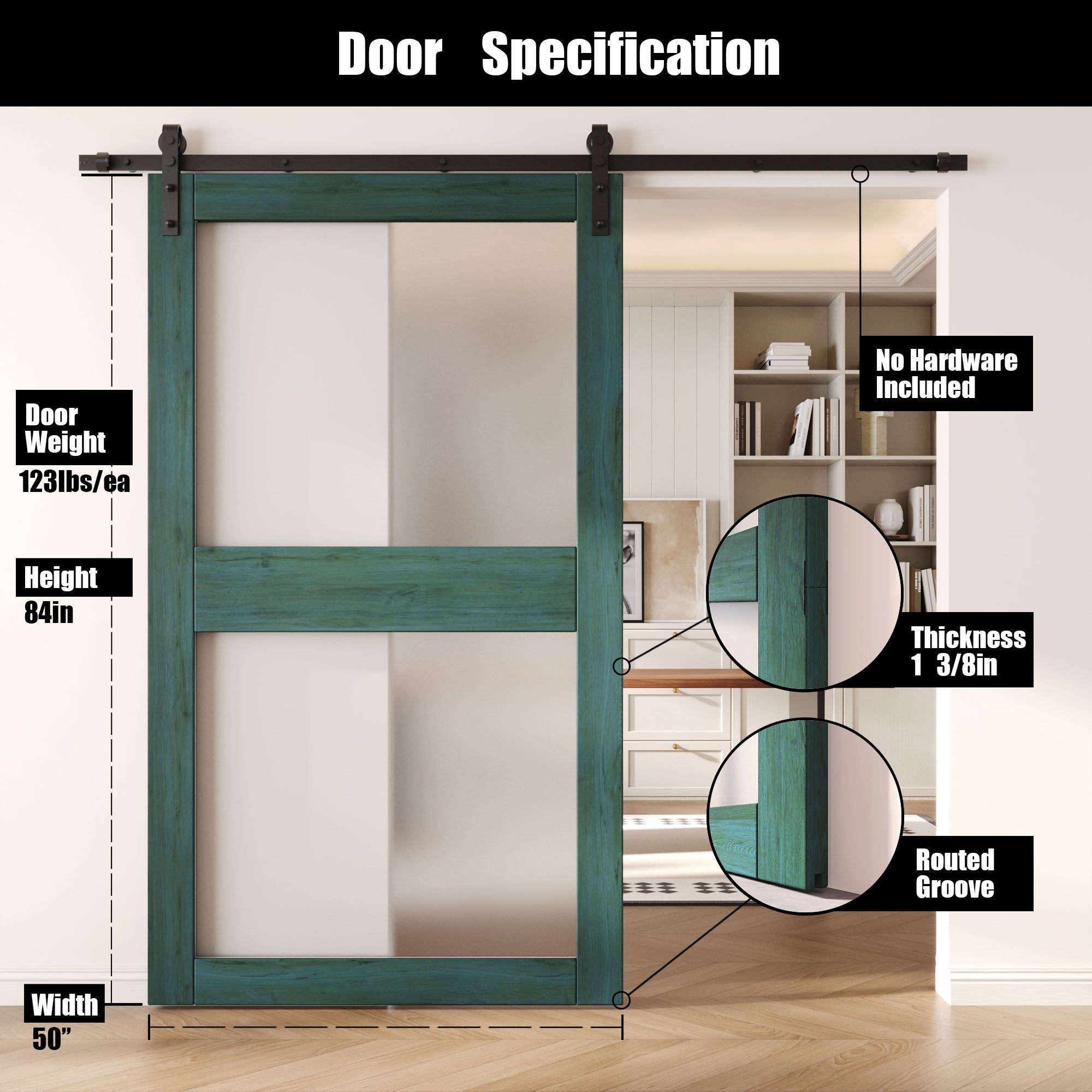 84" Height Royal Pine 2-Lite Frosted Glass Unassembled & Finished Pine Wood Barn Door (Interior Use Only)