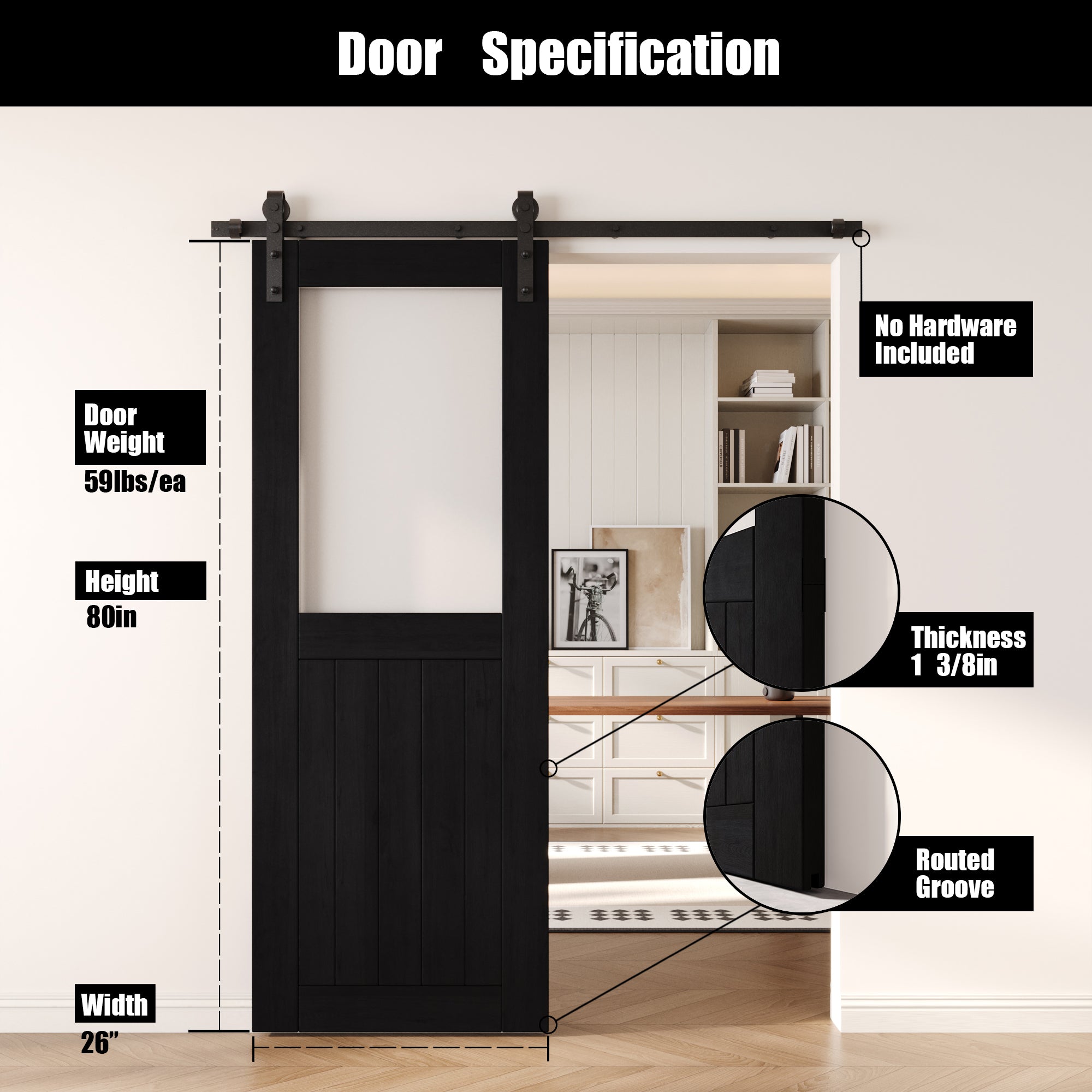 80" Height Black Half Lite Frosted Glass Unassembled & Finished Pine Wood Barn Door (Interior Use Only)