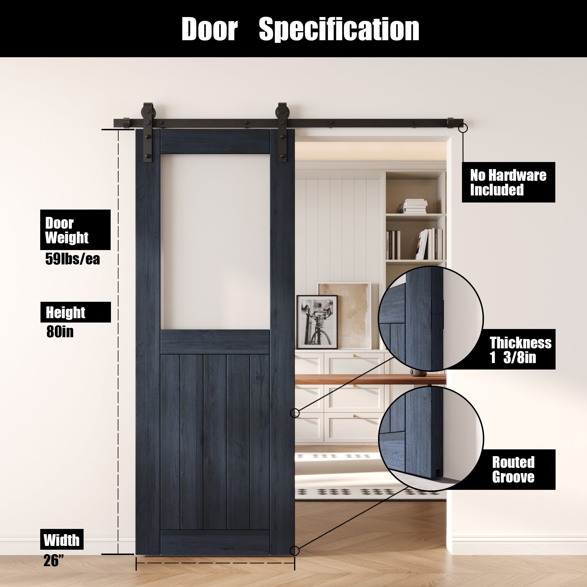 80" Height Navy Half Lite Frosted Glass Unassembled & Finished Pine Wood Barn Door (Interior Use Only)