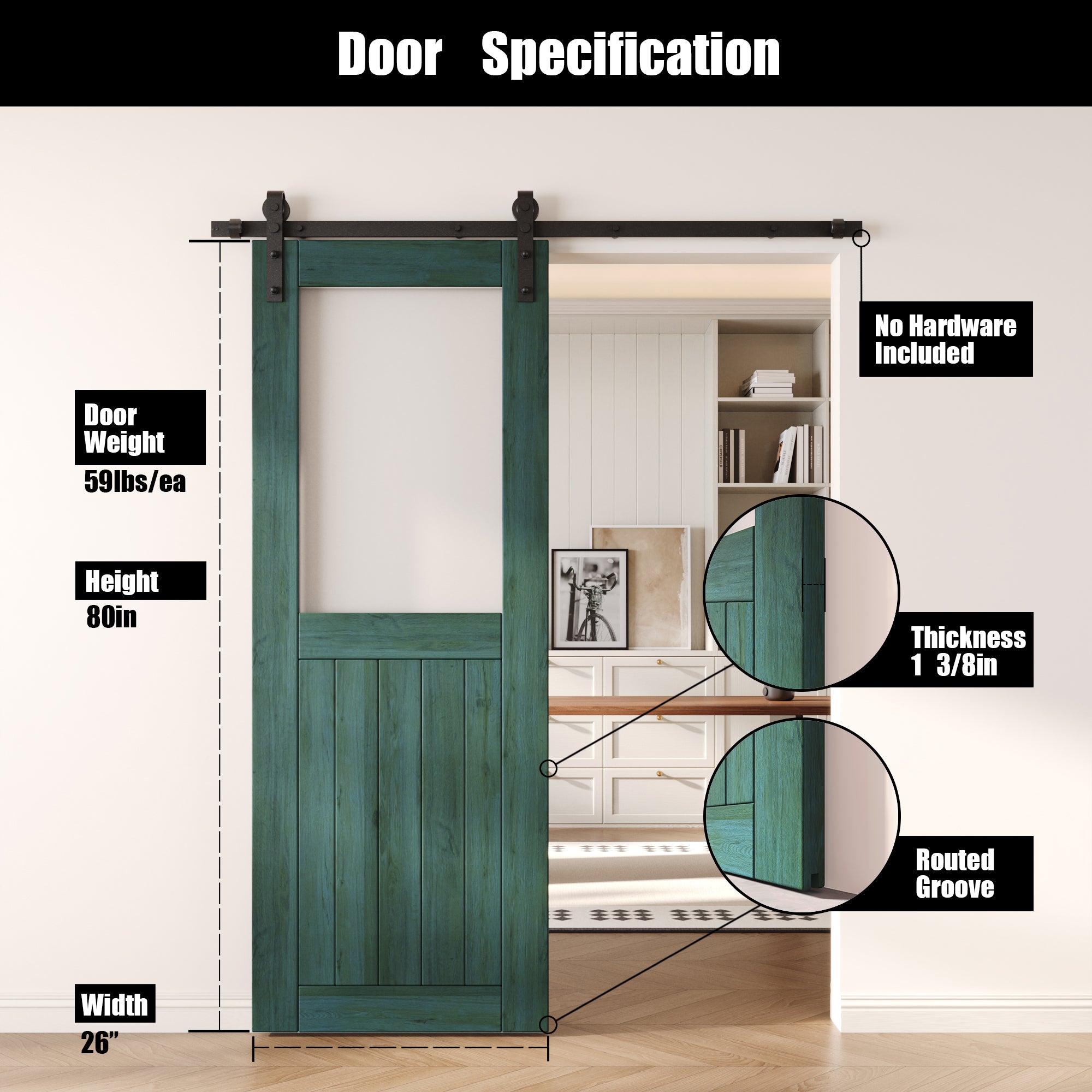 80" Height Royal Pine Half Lite Frosted Glass Unassembled & Finished Pine Wood Barn Door (Interior Use Only)
