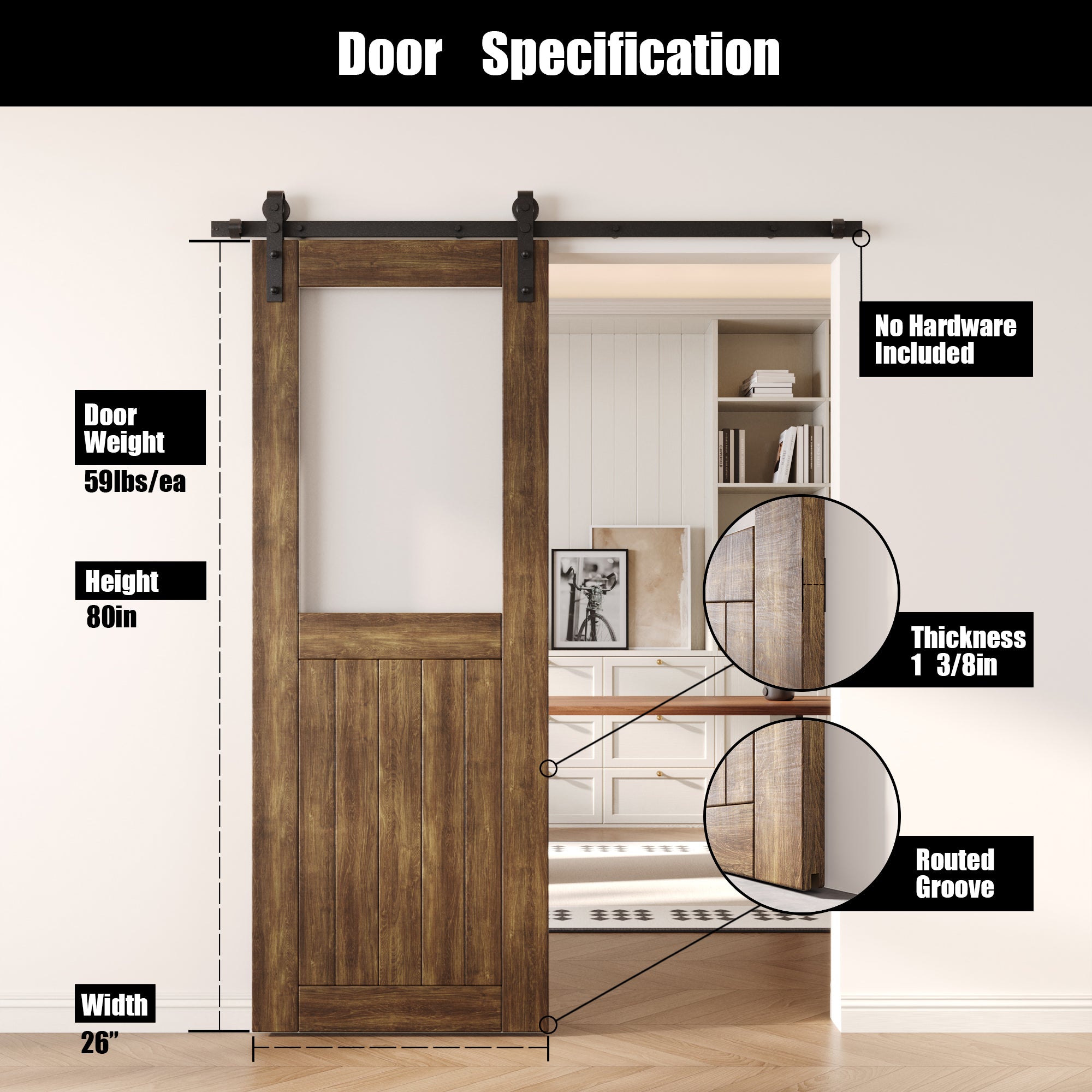 80" Height Dark Walnut Half Lite Frosted Glass Unassembled & Finished Pine Wood Barn Door (Interior Use Only)