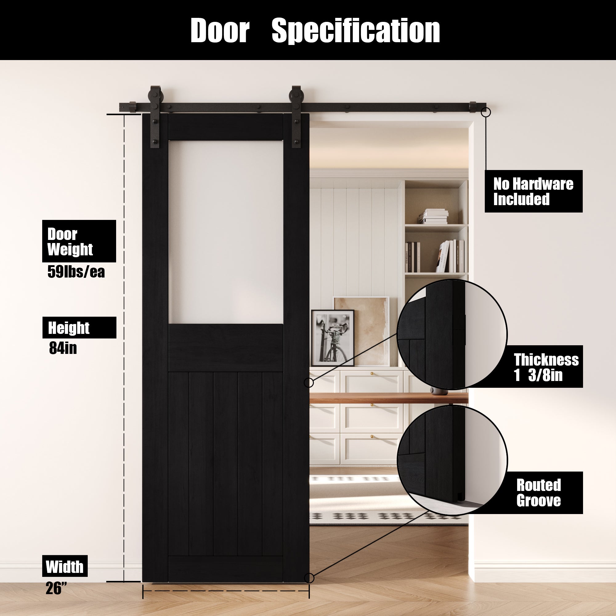 84" Height Black Half Lite Frosted Glass Unassembled & Finished Pine Wood Barn Door (Interior Use Only)