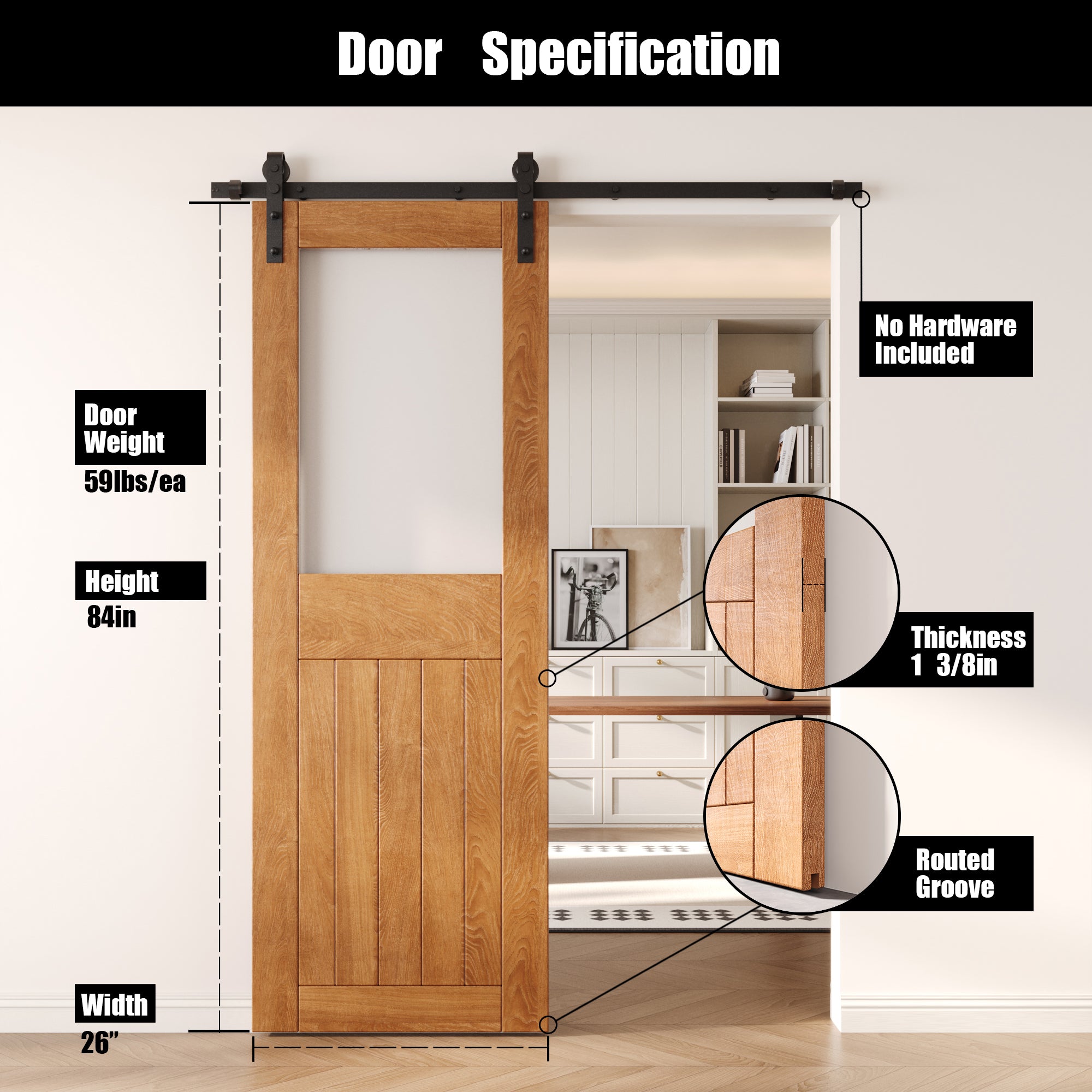 84" Height Early American Half Lite Frosted Glass Unassembled & Finished Pine Wood Barn Door (Interior Use Only)
