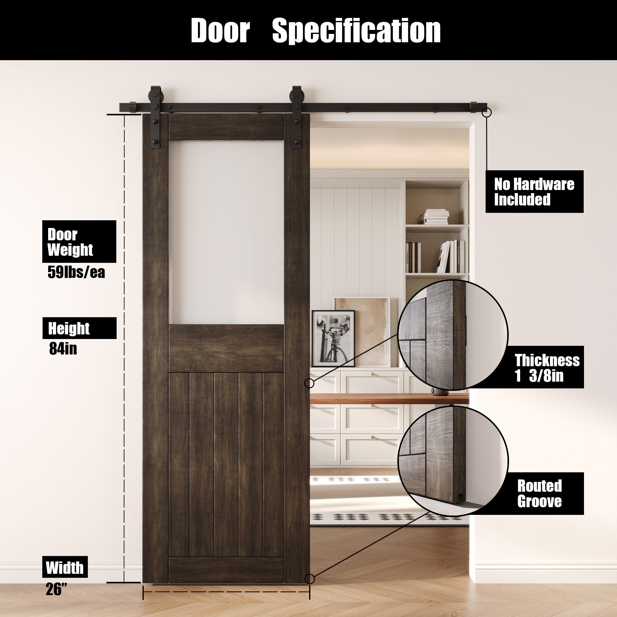 84" Height Ebony Half Lite Frosted Glass Unassembled & Finished Pine Wood Barn Door (Interior Use Only)