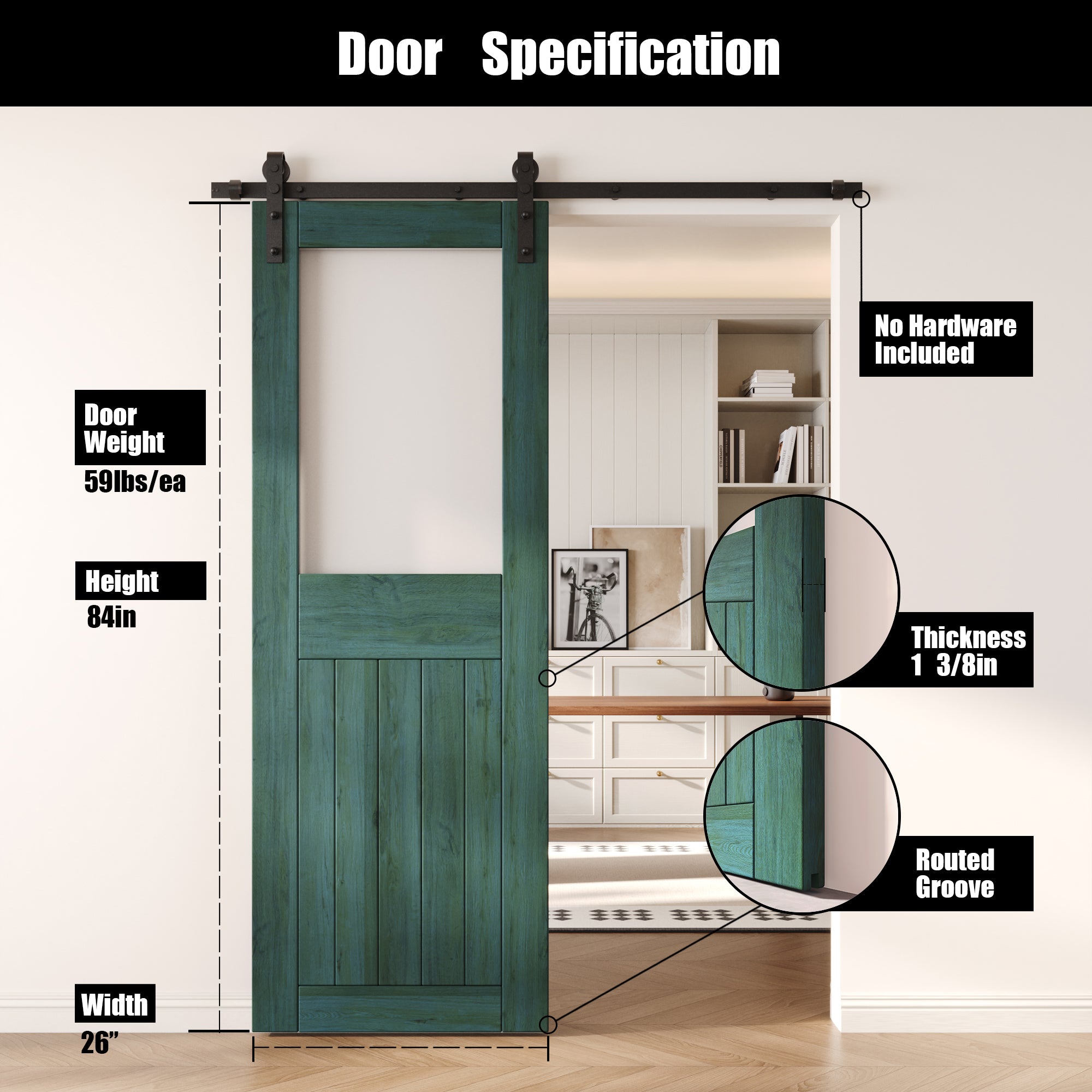 84" Height Royal Pine Half Lite Frosted Glass Unassembled & Finished Pine Wood Barn Door (Interior Use Only)
