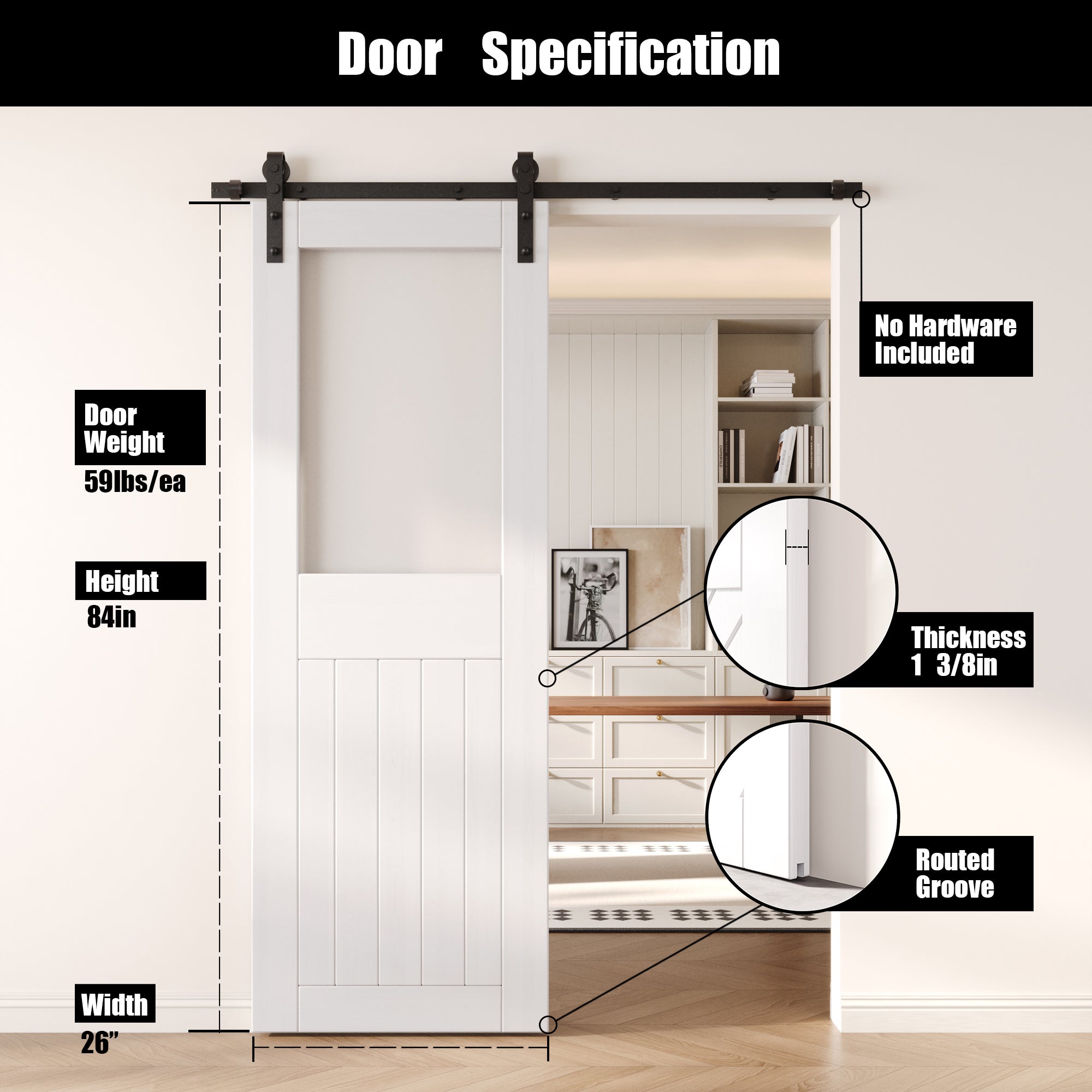 84" Height White Half Lite Frosted Glass Unassembled & Finished Pine Wood Barn Door (Interior Use Only)