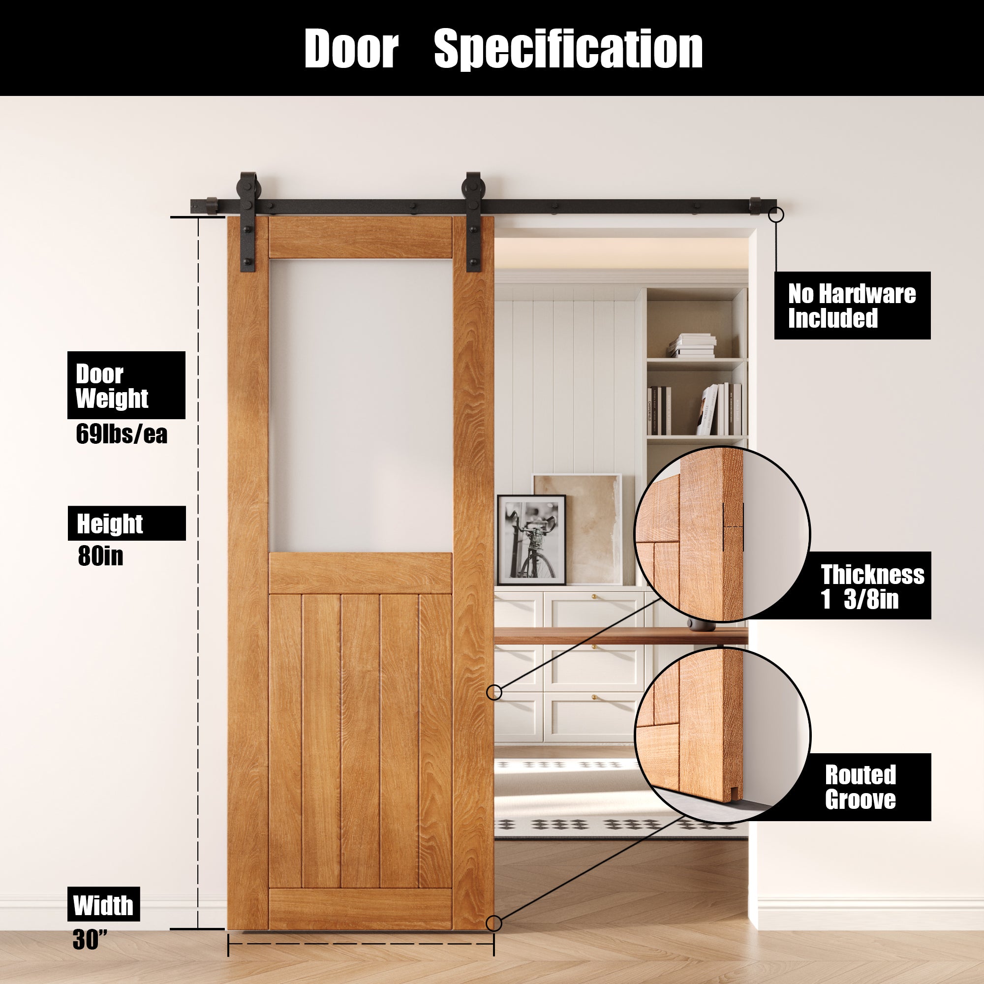 80" Height Early American Half Lite Frosted Glass Unassembled & Finished Pine Wood Barn Door (Interior Use Only)