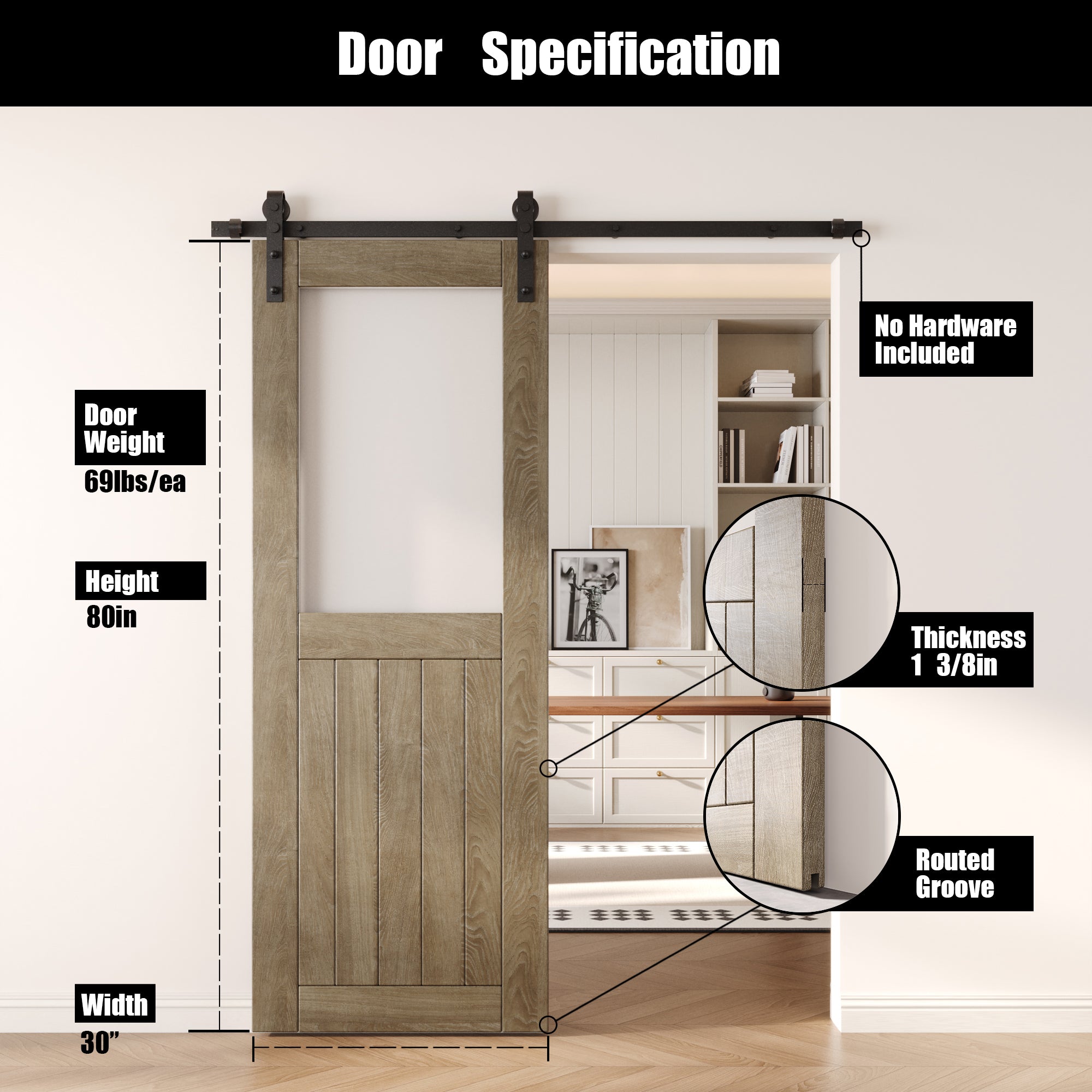 80" Height Classic Gray Half Lite Frosted Glass Unassembled & Finished Pine Wood Barn Door (Interior Use Only)
