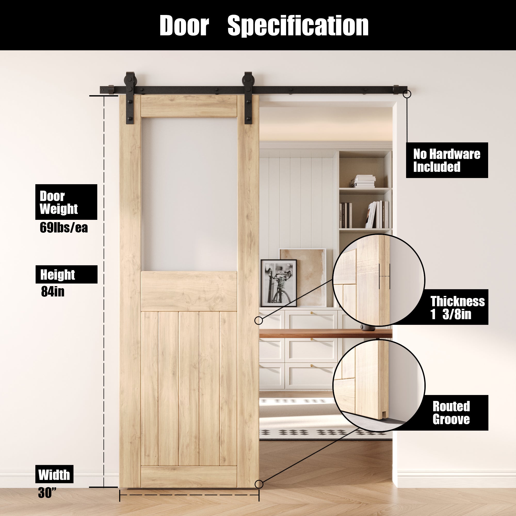 84" Height Half Lite Frosted Glass Unassembled & Unfinished Pine Wood Barn Door (Interior Use Only)