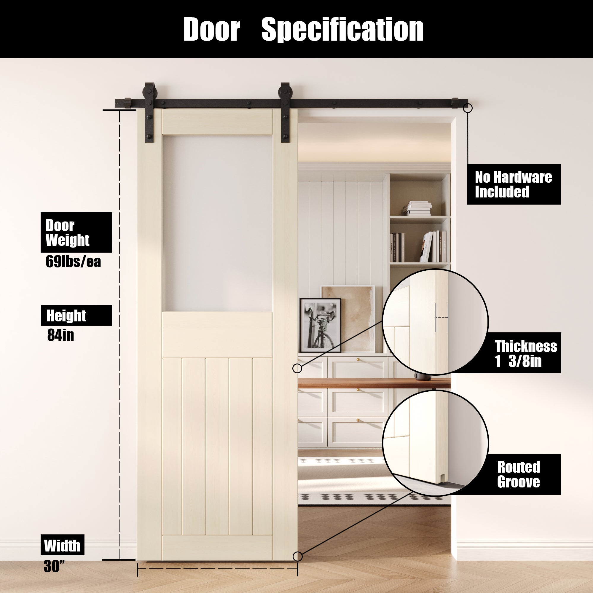 84" Height Tinsmith Gray Half Lite Frosted Glass Unassembled & Finished Pine Wood Barn Door (Interior Use Only)