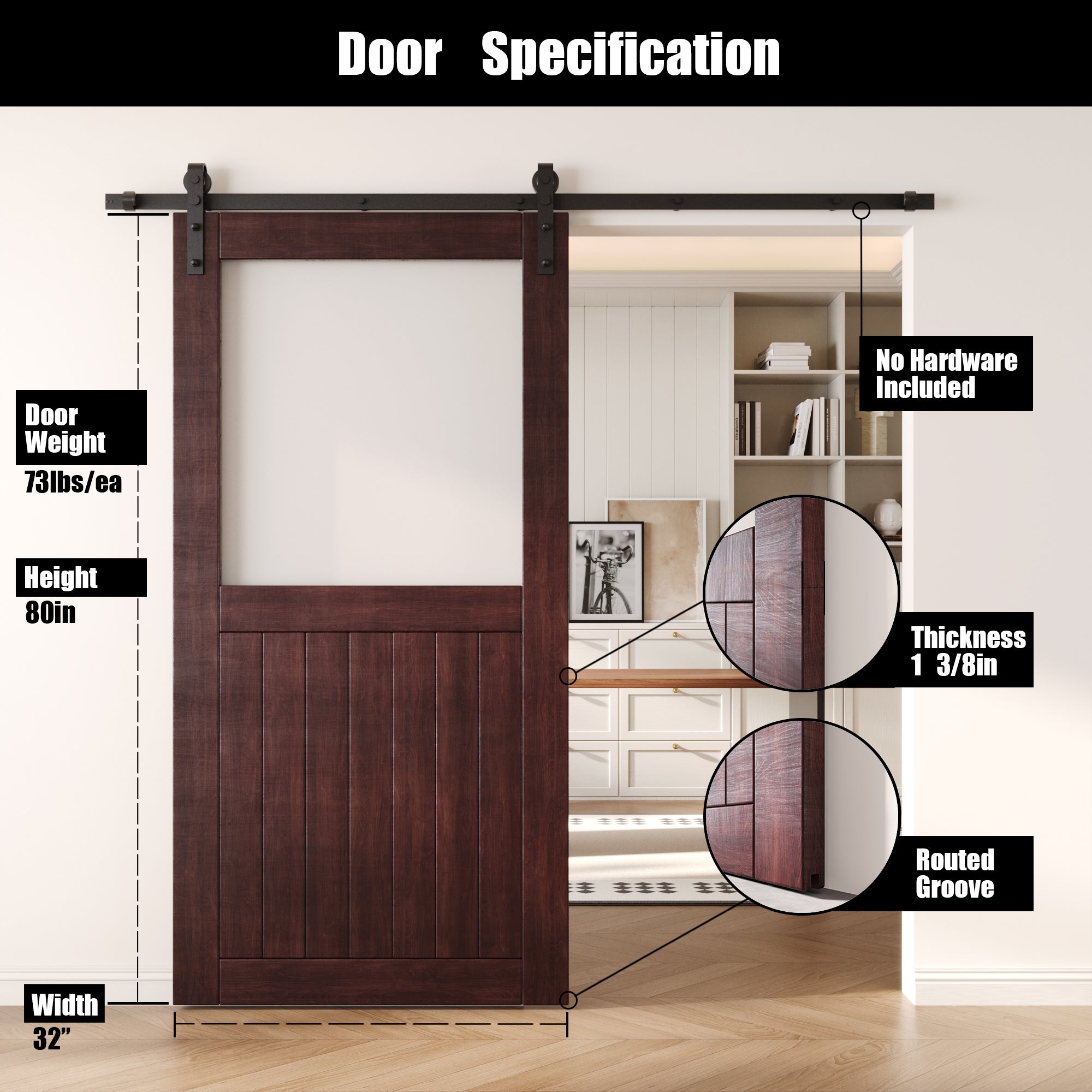 80" Height Red Mahogany Half Lite Frosted Glass Unassembled & Finished Pine Wood Barn Door (Interior Use Only)