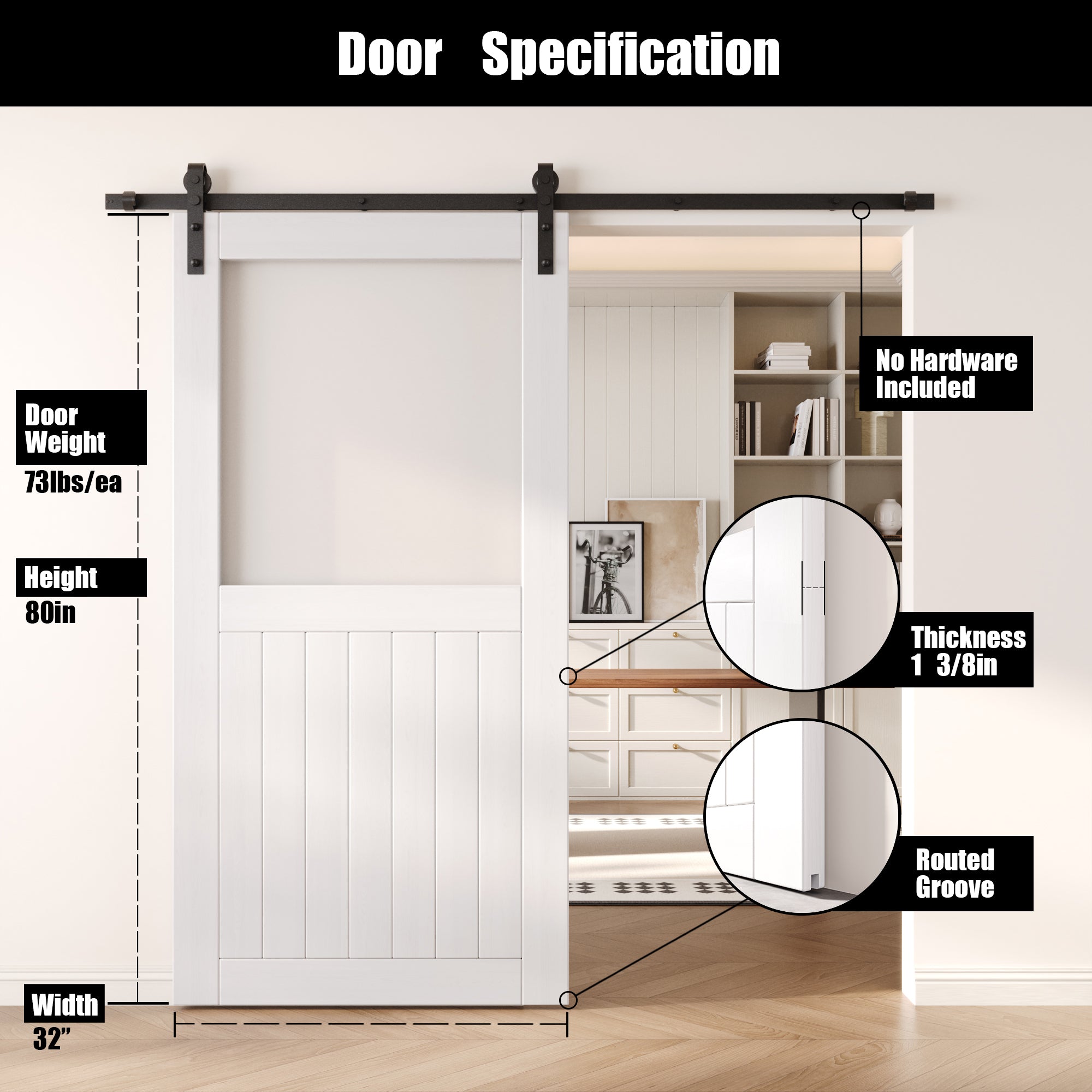 80" Height White Half Lite Frosted Glass Unassembled & Finished Pine Wood Barn Door (Interior Use Only)