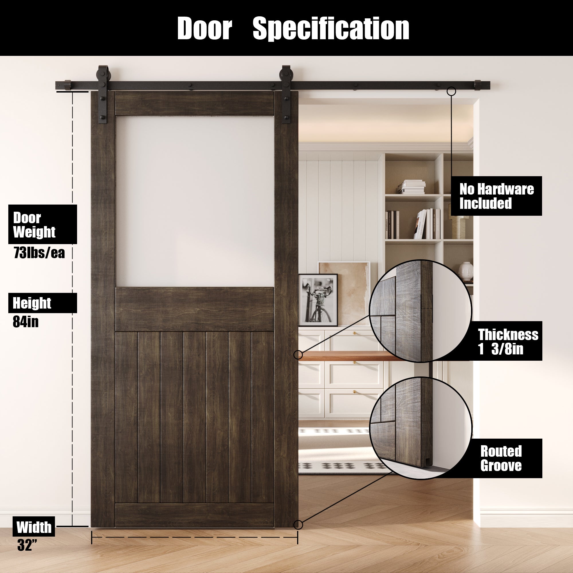 84" Height Ebony Half Lite Frosted Glass Unassembled & Finished Pine Wood Barn Door (Interior Use Only)