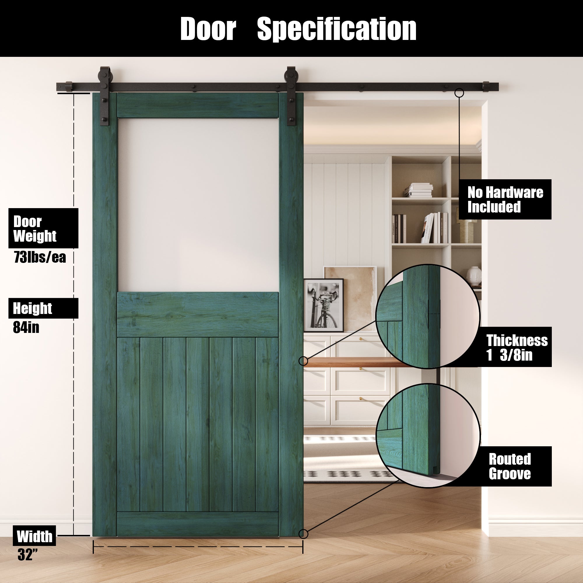 84" Height Royal Pine Half Lite Frosted Glass Unassembled & Finished Pine Wood Barn Door (Interior Use Only)