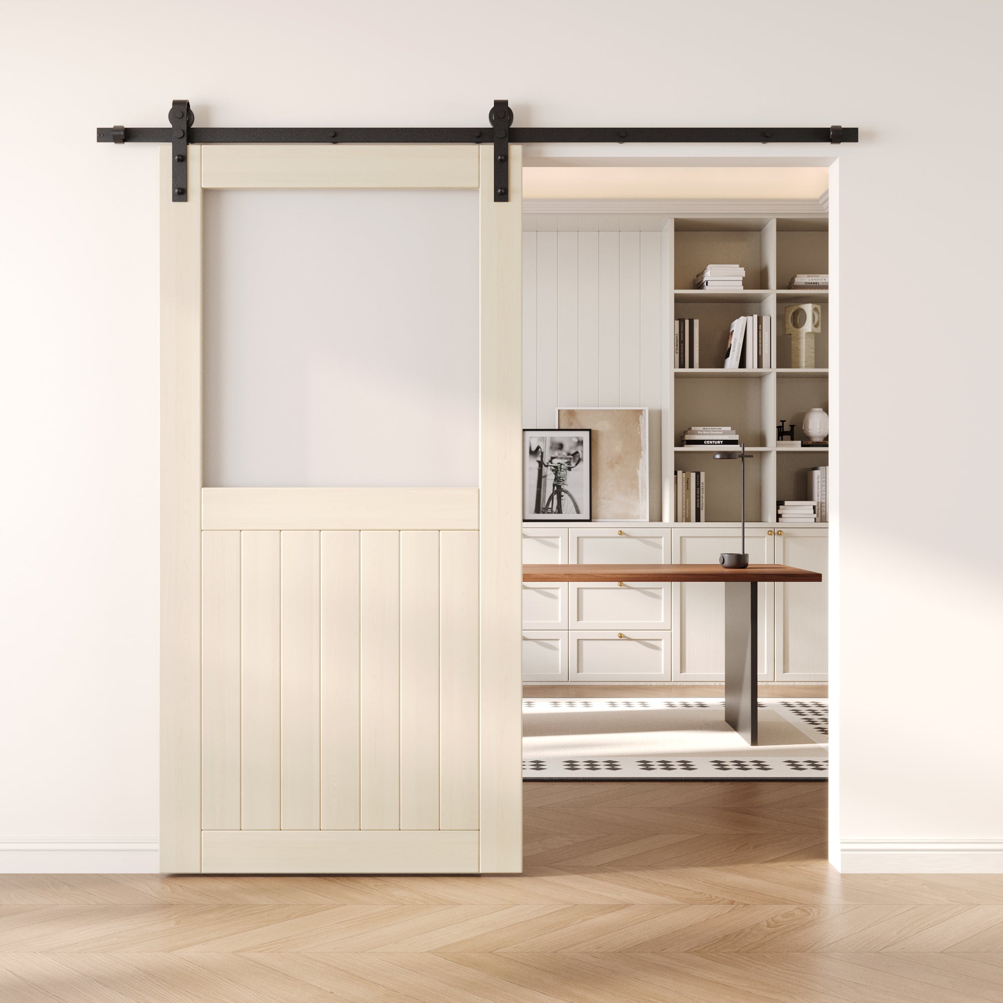 80" Height Tinsmith Gray Half Lite Frosted Glass Unassembled & Finished Pine Wood Barn Door (Interior Use Only)