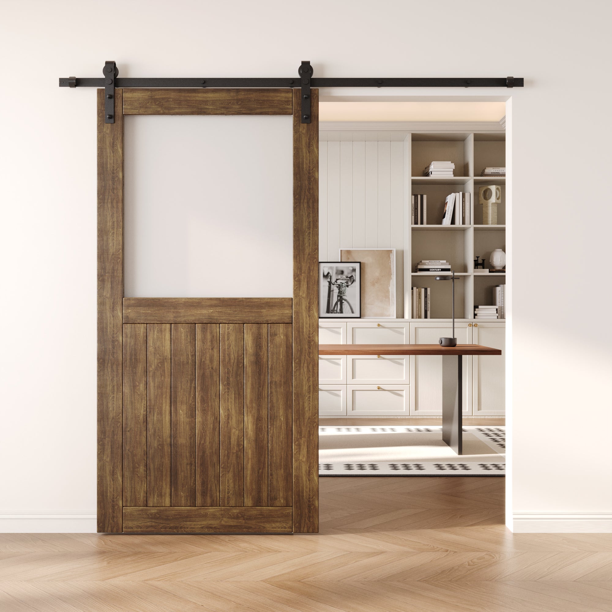 80" Height Dark Walnut Half Lite Frosted Glass Unassembled & Finished Pine Wood Barn Door (Interior Use Only)