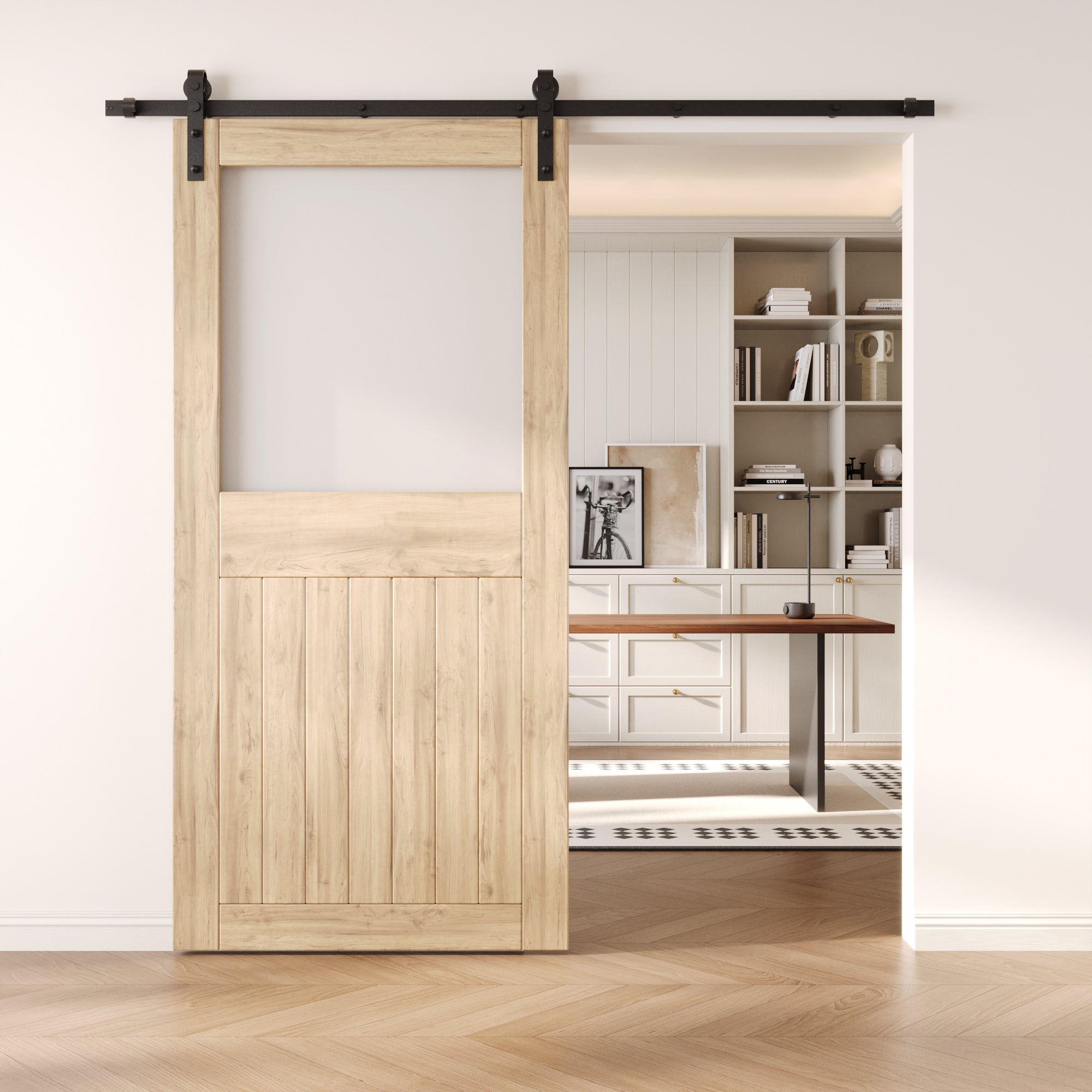 84" Height Half Lite Frosted Glass Unassembled & Unfinished Pine Wood Barn Door (Interior Use Only)