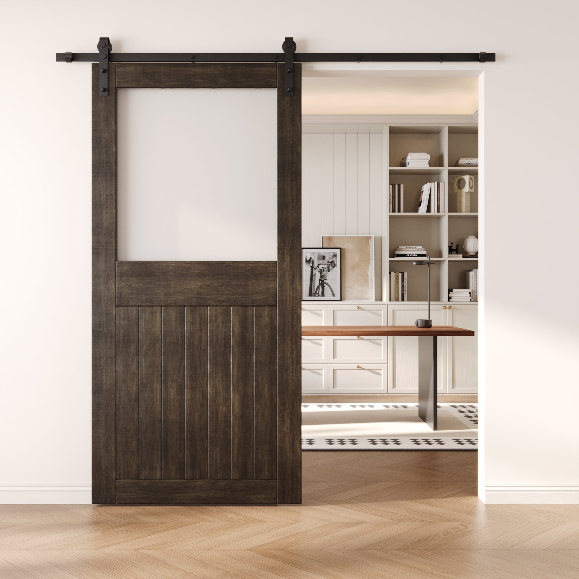 84" Height Ebony Half Lite Frosted Glass Unassembled & Finished Pine Wood Barn Door (Interior Use Only)