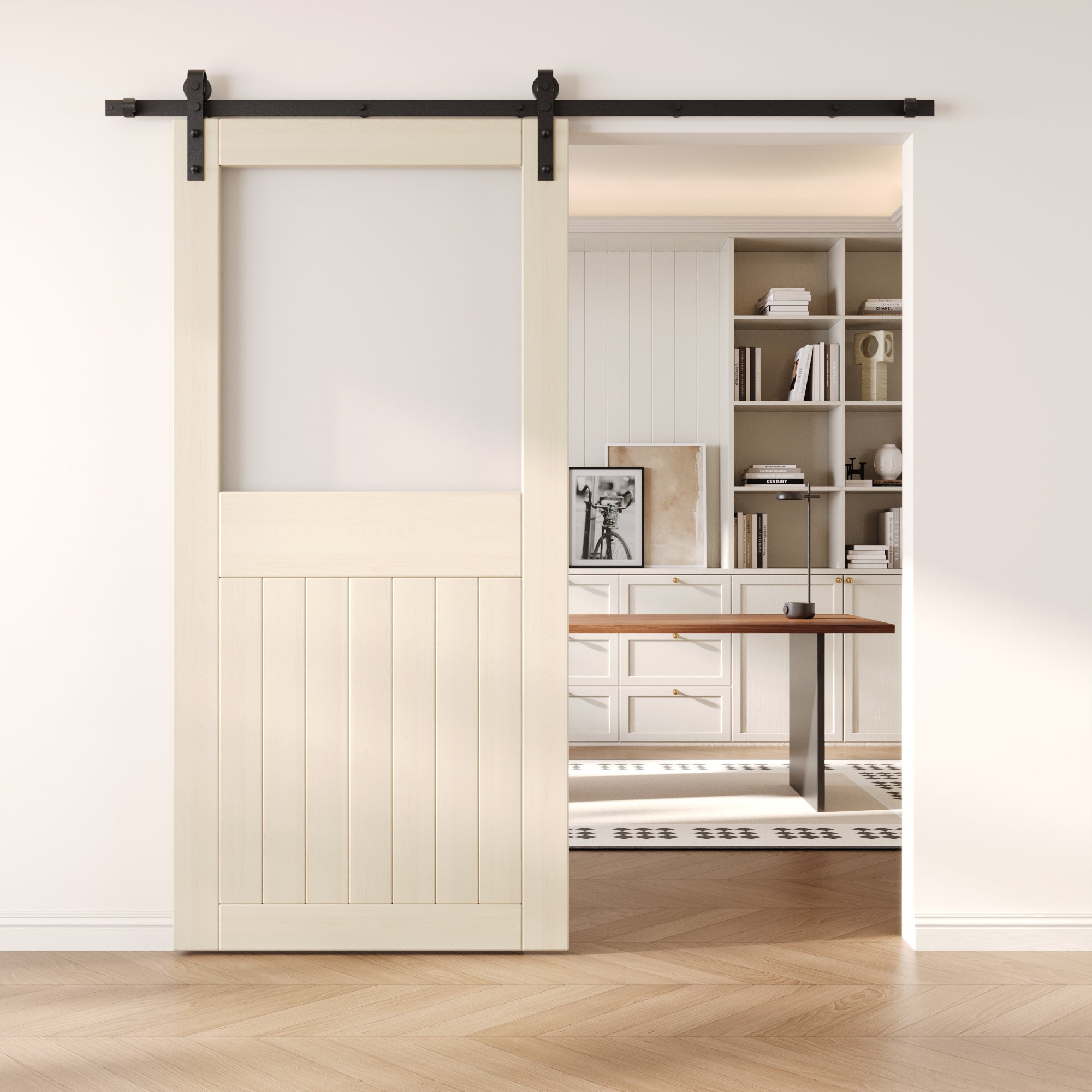 84" Height Tinsmith Gray Half Lite Frosted Glass Unassembled & Finished Pine Wood Barn Door (Interior Use Only)