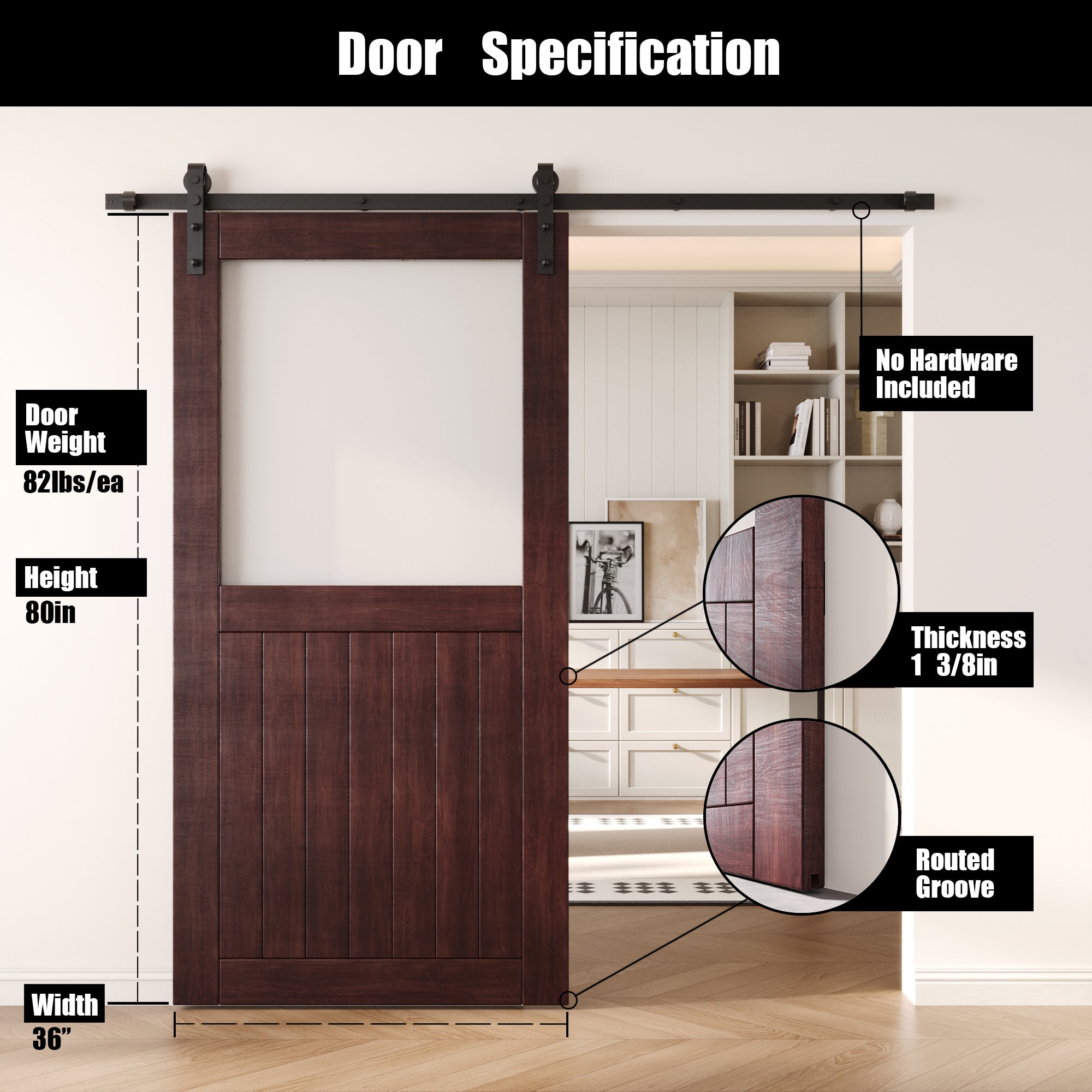 80" Height Red Mahogany Half Lite Frosted Glass Unassembled & Finished Pine Wood Barn Door (Interior Use Only)