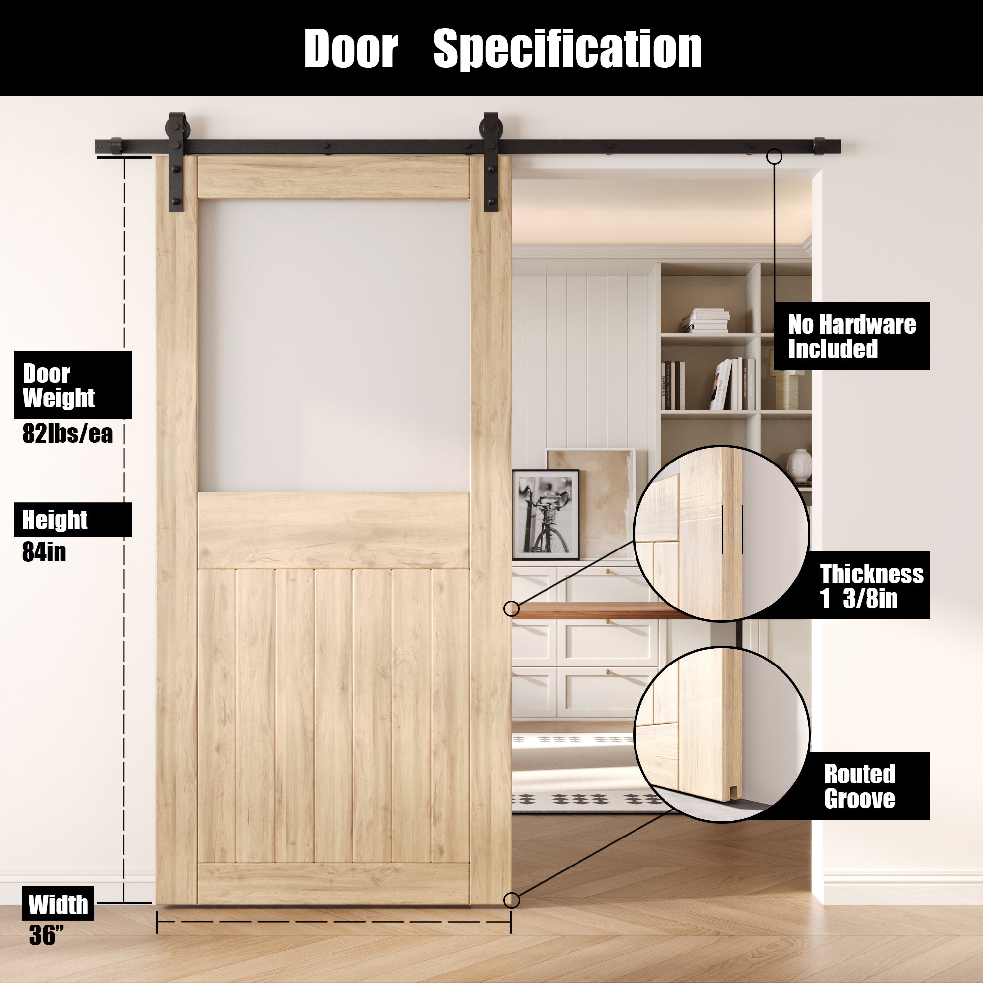 84" Height Half Lite Frosted Glass Unassembled & Unfinished Pine Wood Barn Door (Interior Use Only)