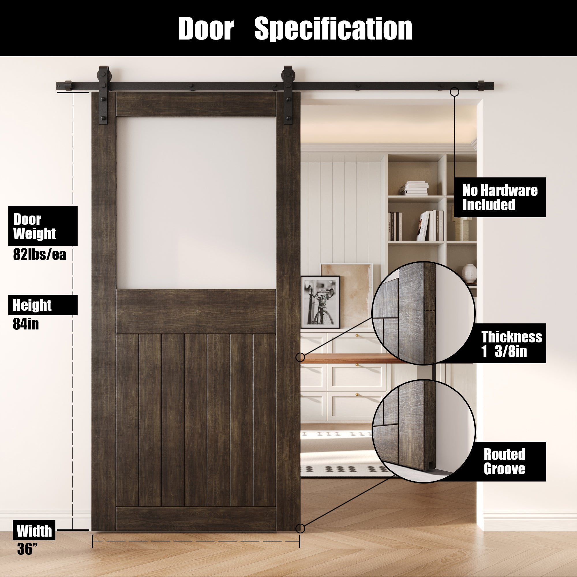 84" Height Ebony Half Lite Frosted Glass Unassembled & Finished Pine Wood Barn Door (Interior Use Only)
