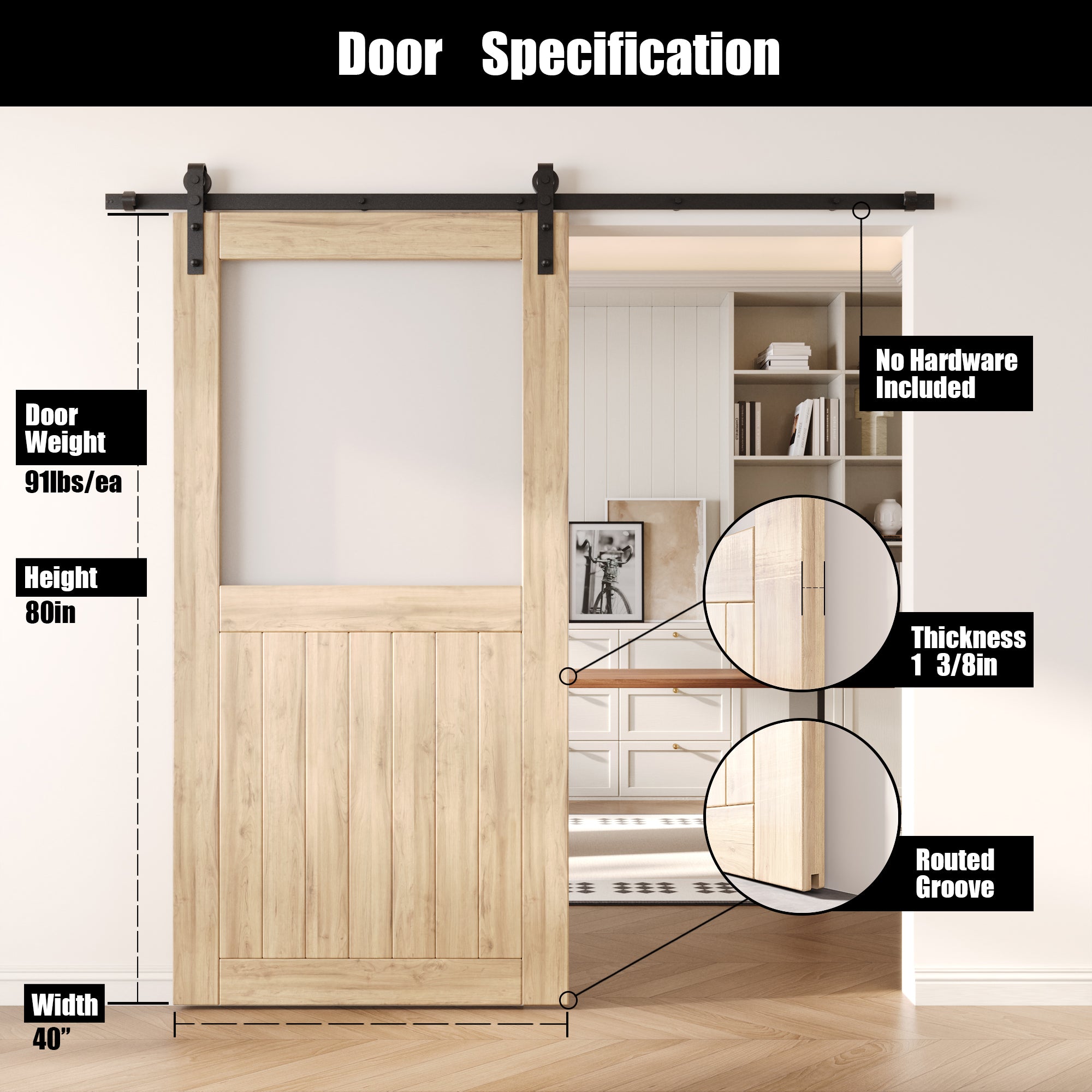 80" Height Half Lite Frosted Glass Unassembled & Unfinished Pine Wood Barn Door (Interior Use Only)