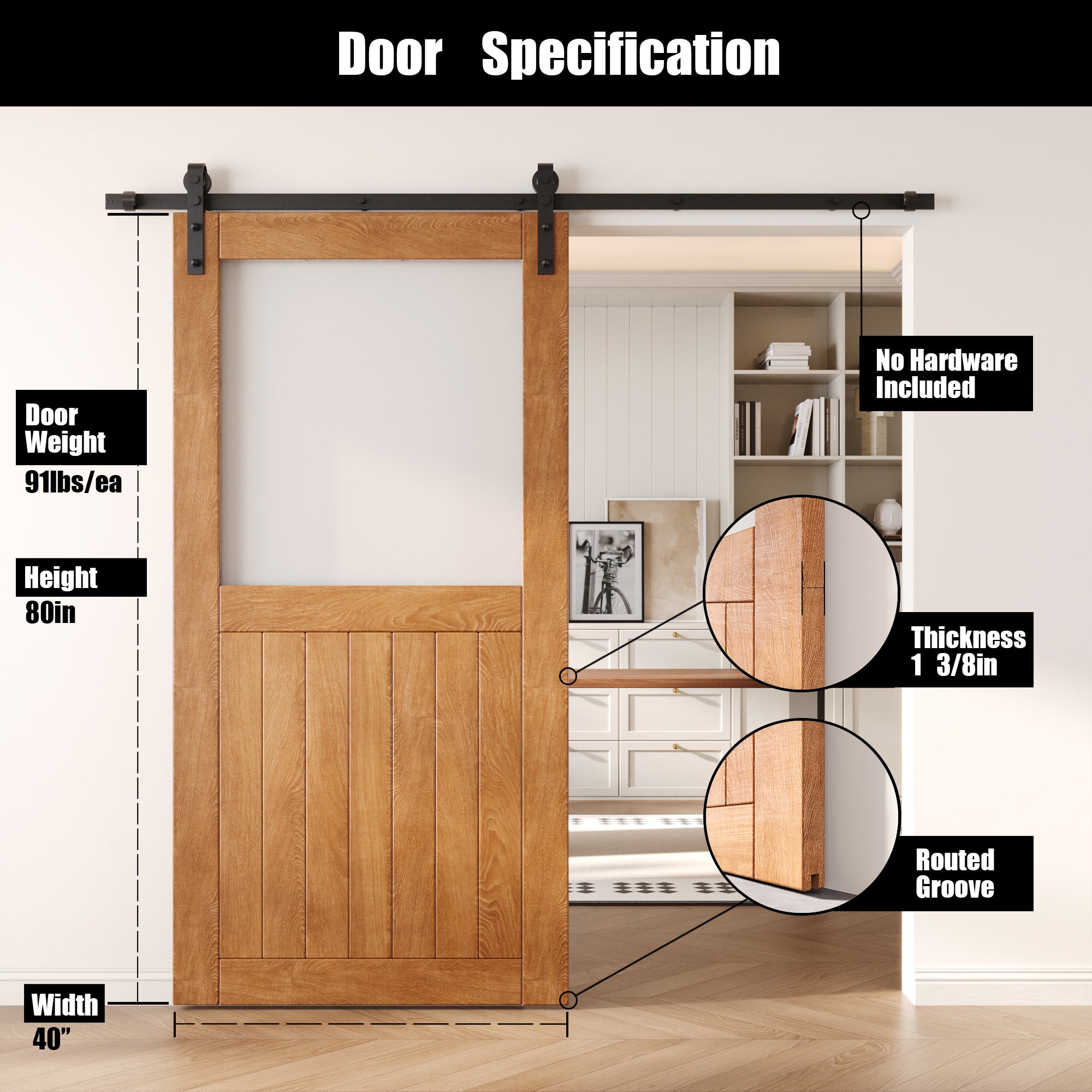 80" Height Early American Half Lite Frosted Glass Unassembled & Finished Pine Wood Barn Door (Interior Use Only)