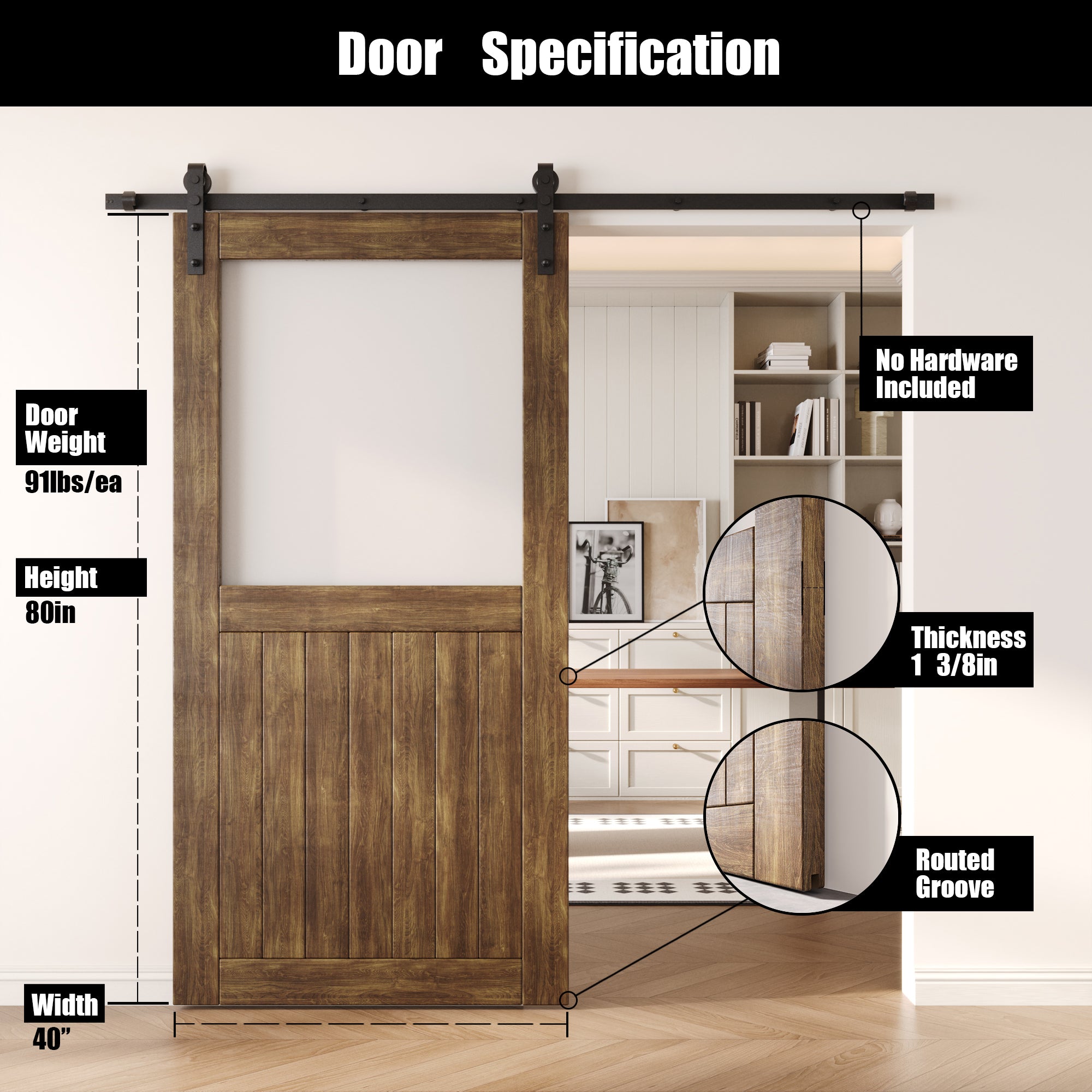 80" Height Dark Walnut Half Lite Frosted Glass Unassembled & Finished Pine Wood Barn Door (Interior Use Only)