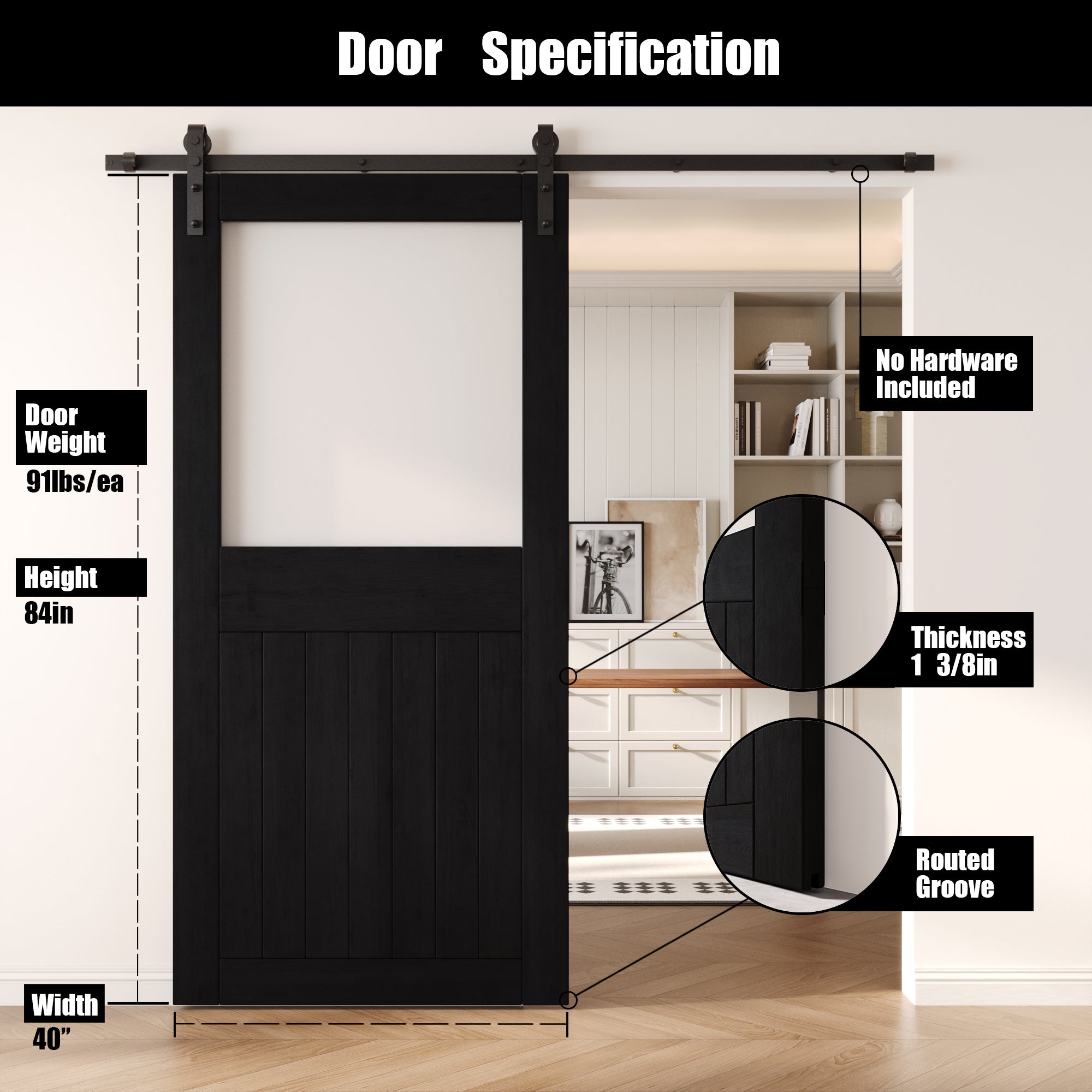 84" Height Black Half Lite Frosted Glass Unassembled & Finished Pine Wood Barn Door (Interior Use Only)