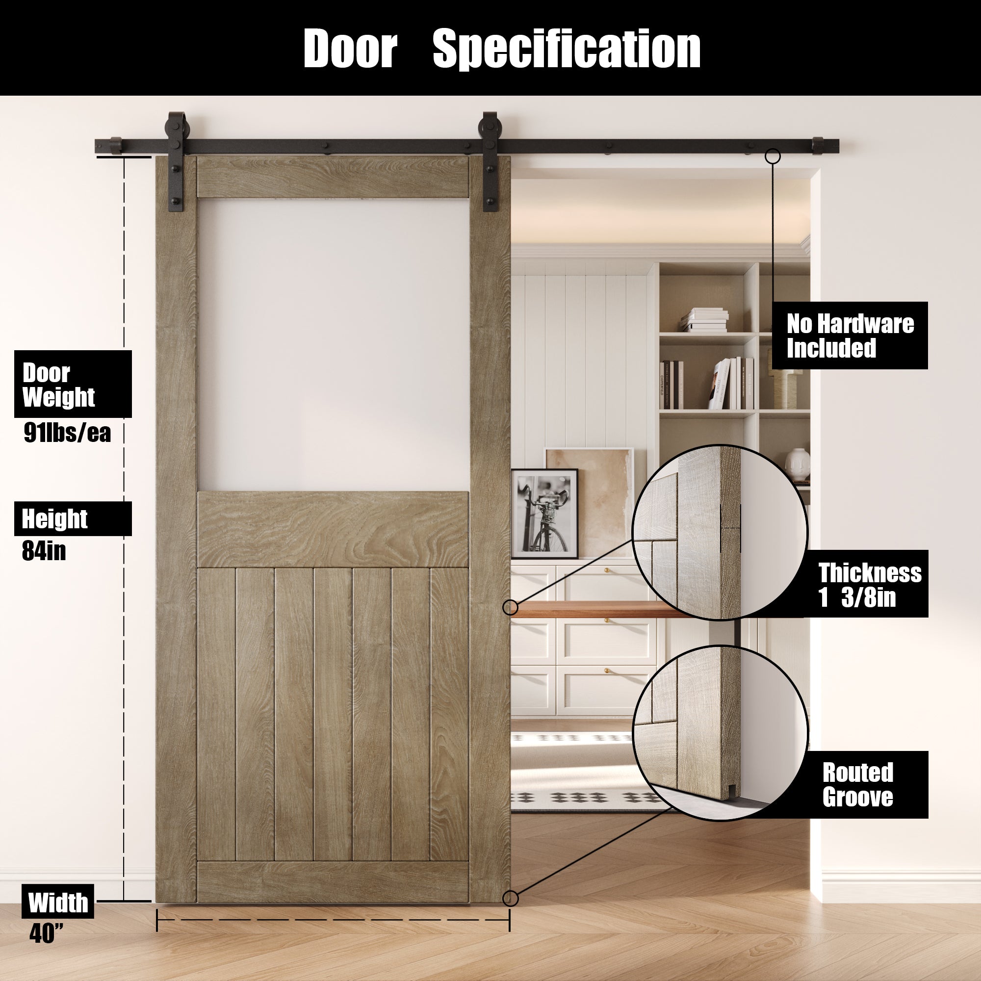 84" Height Classic Gray Half Lite Frosted Glass Unassembled & Finished Pine Wood Barn Door (Interior Use Only)
