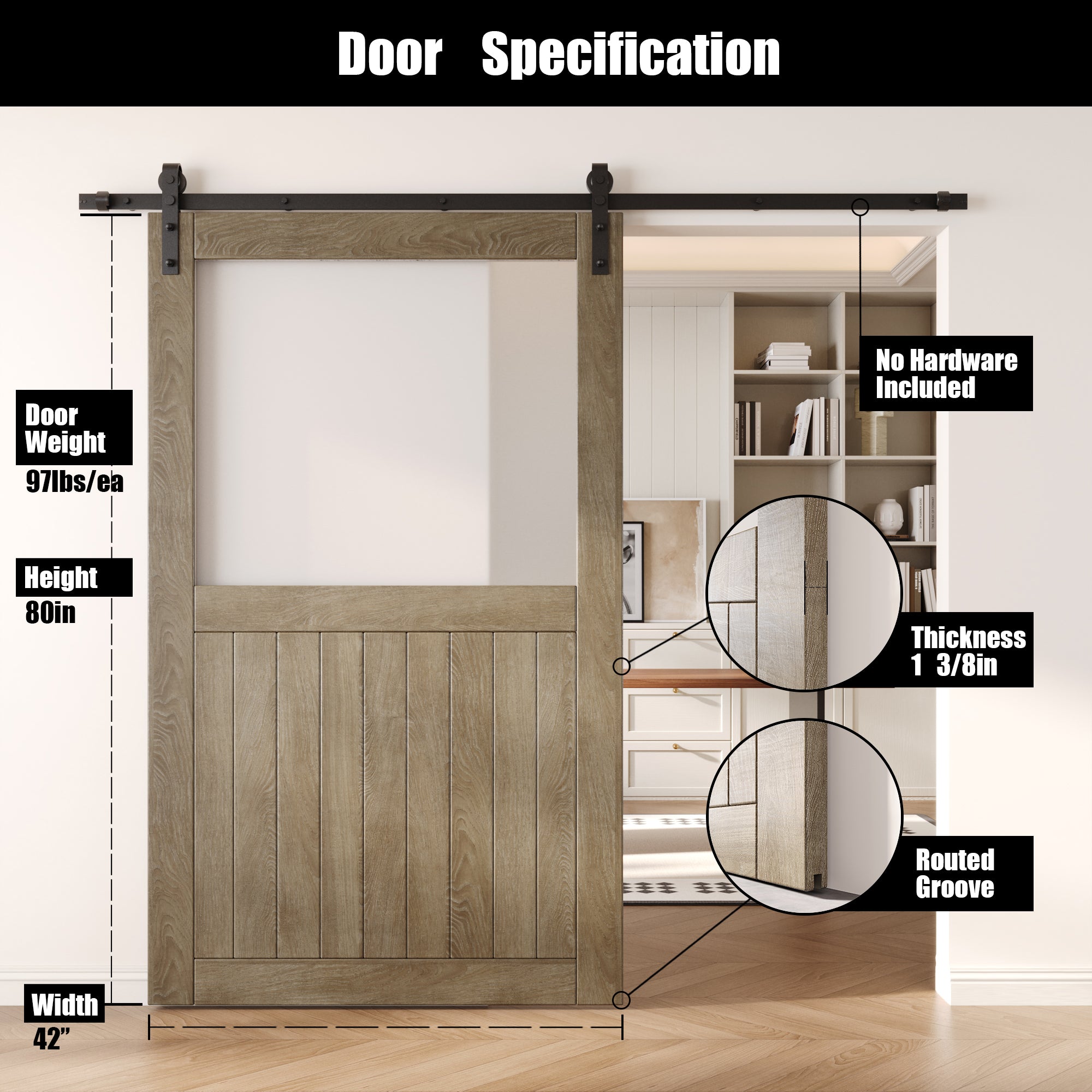 80" Height Classic Gray Half Lite Frosted Glass Unassembled & Finished Pine Wood Barn Door (Interior Use Only)