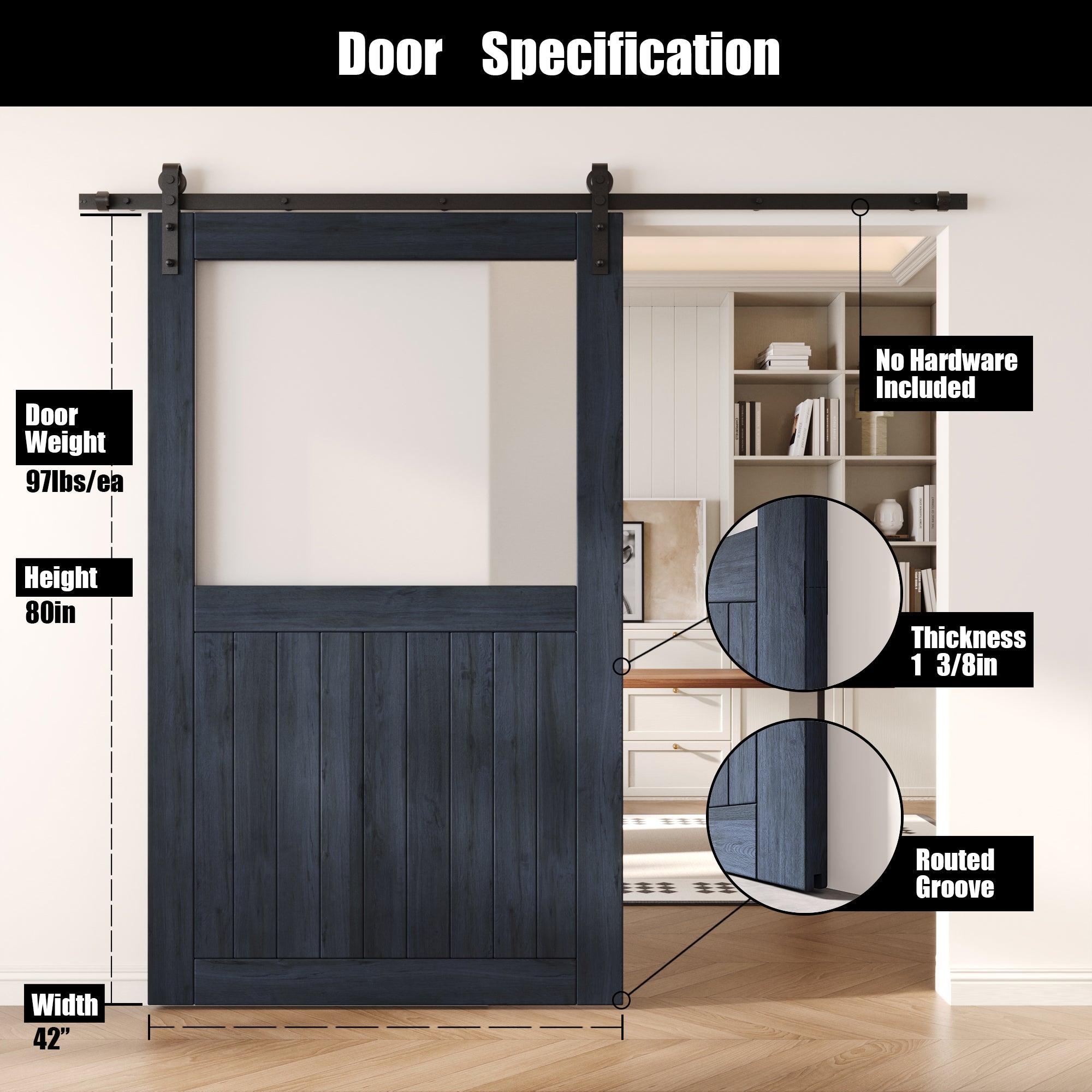 80" Height Navy Half Lite Frosted Glass Unassembled & Finished Pine Wood Barn Door (Interior Use Only)