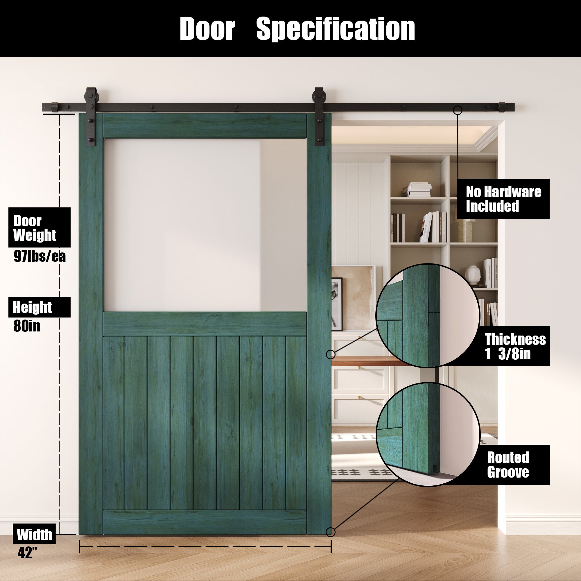 80" Height Royal Pine Half Lite Frosted Glass Unassembled & Finished Pine Wood Barn Door (Interior Use Only)