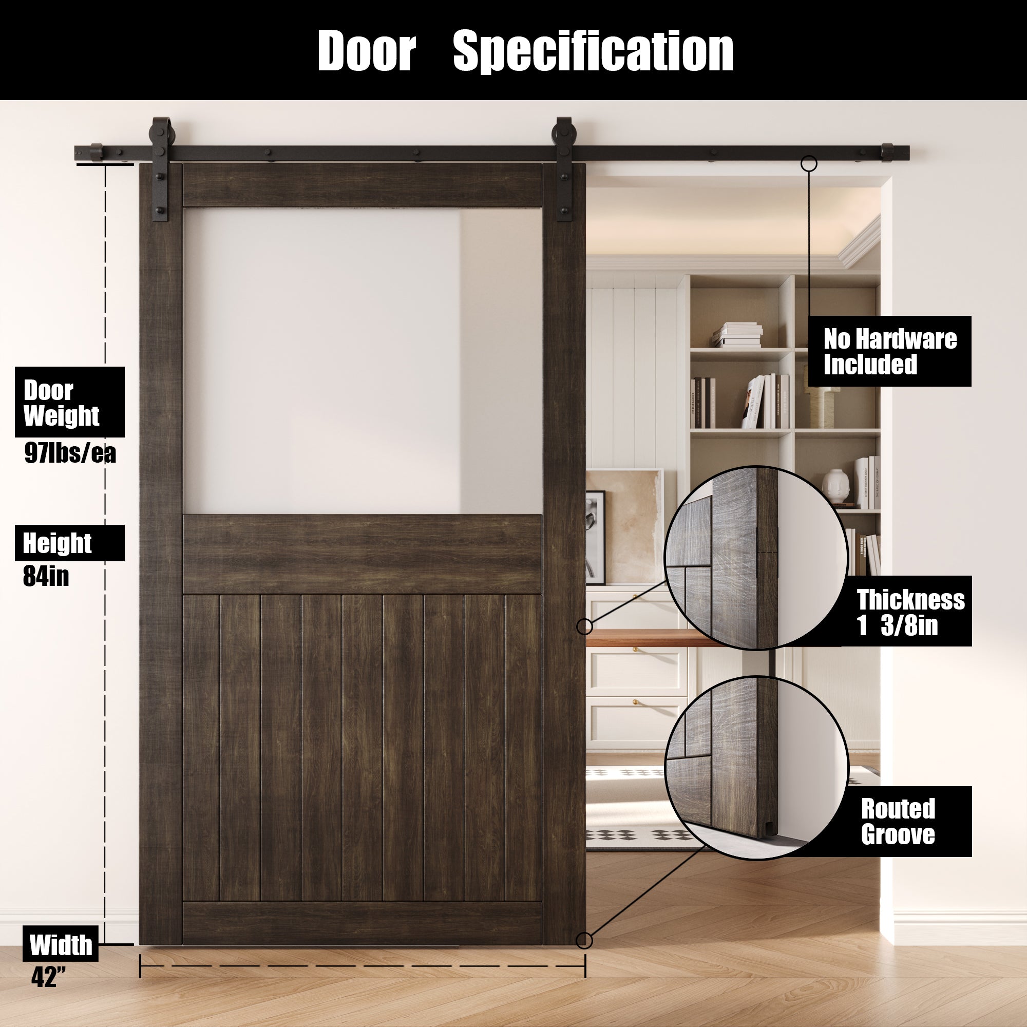 84" Height Ebony Half Lite Frosted Glass Unassembled & Finished Pine Wood Barn Door (Interior Use Only)