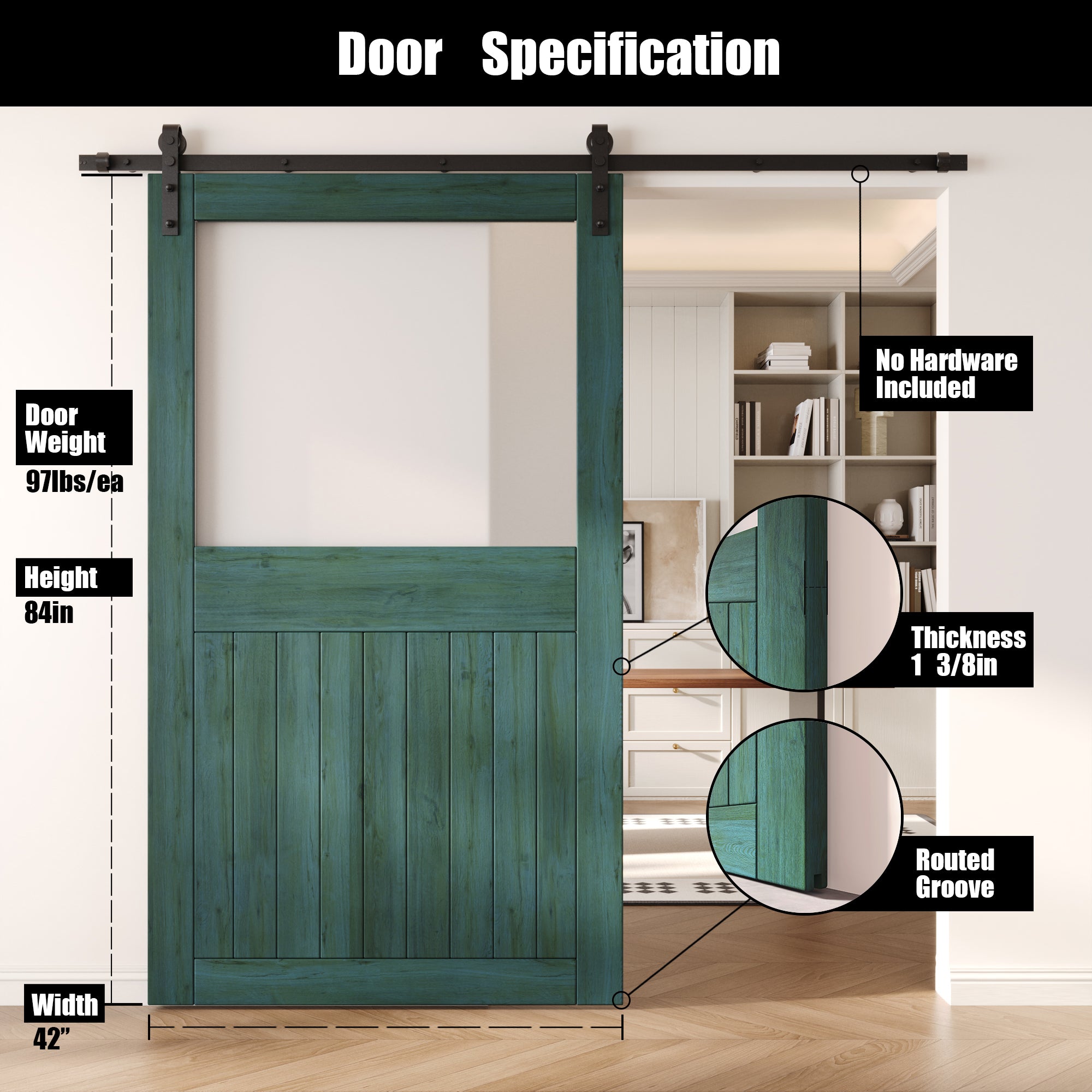 84" Height Royal Pine Half Lite Frosted Glass Unassembled & Finished Pine Wood Barn Door (Interior Use Only)