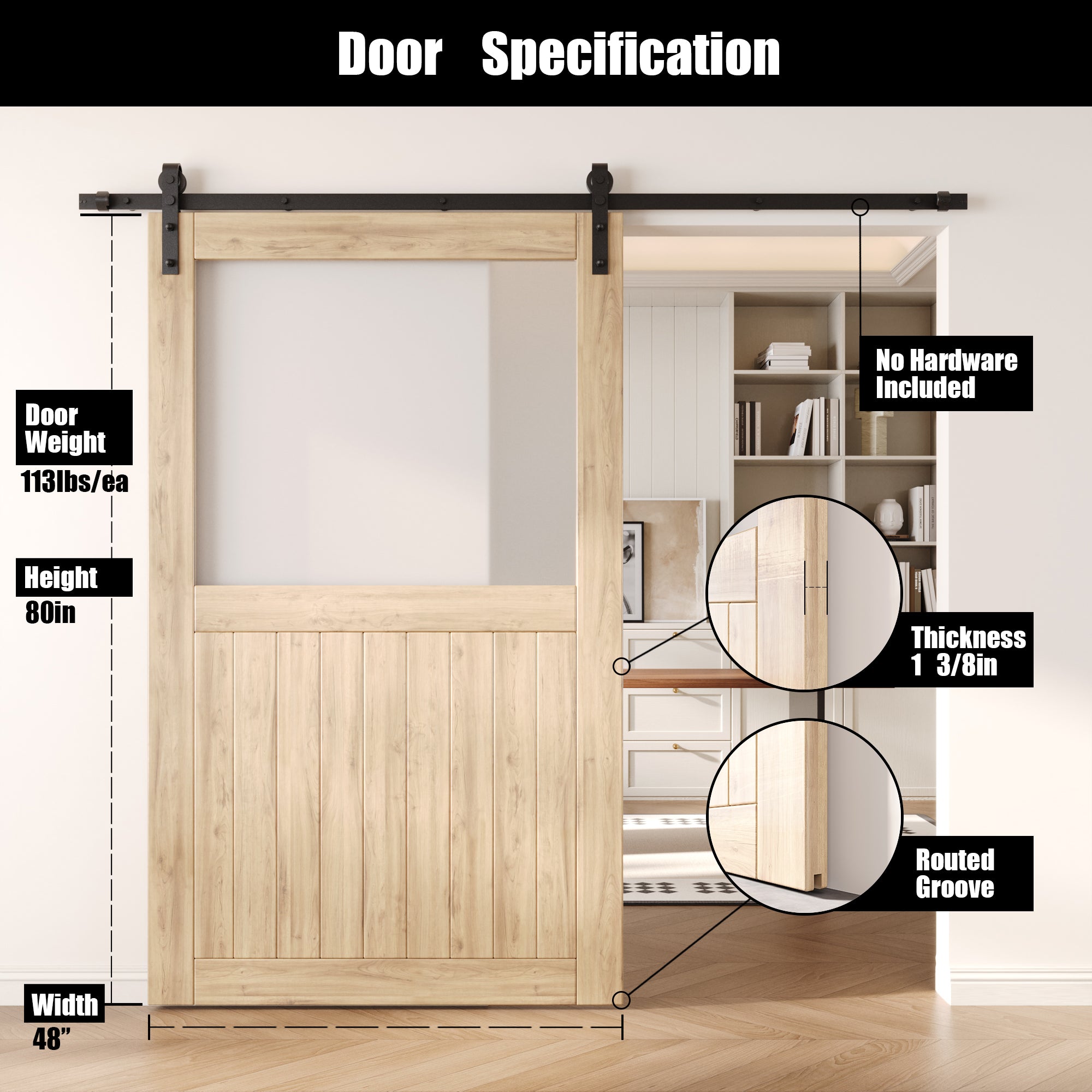 80" Height Half Lite Frosted Glass Unassembled & Unfinished Pine Wood Barn Door (Interior Use Only)