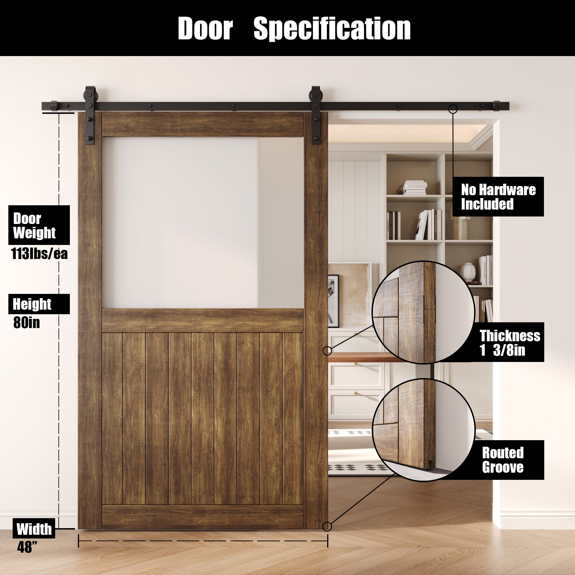 80" Height Dark Walnut Half Lite Frosted Glass Unassembled & Finished Pine Wood Barn Door (Interior Use Only)