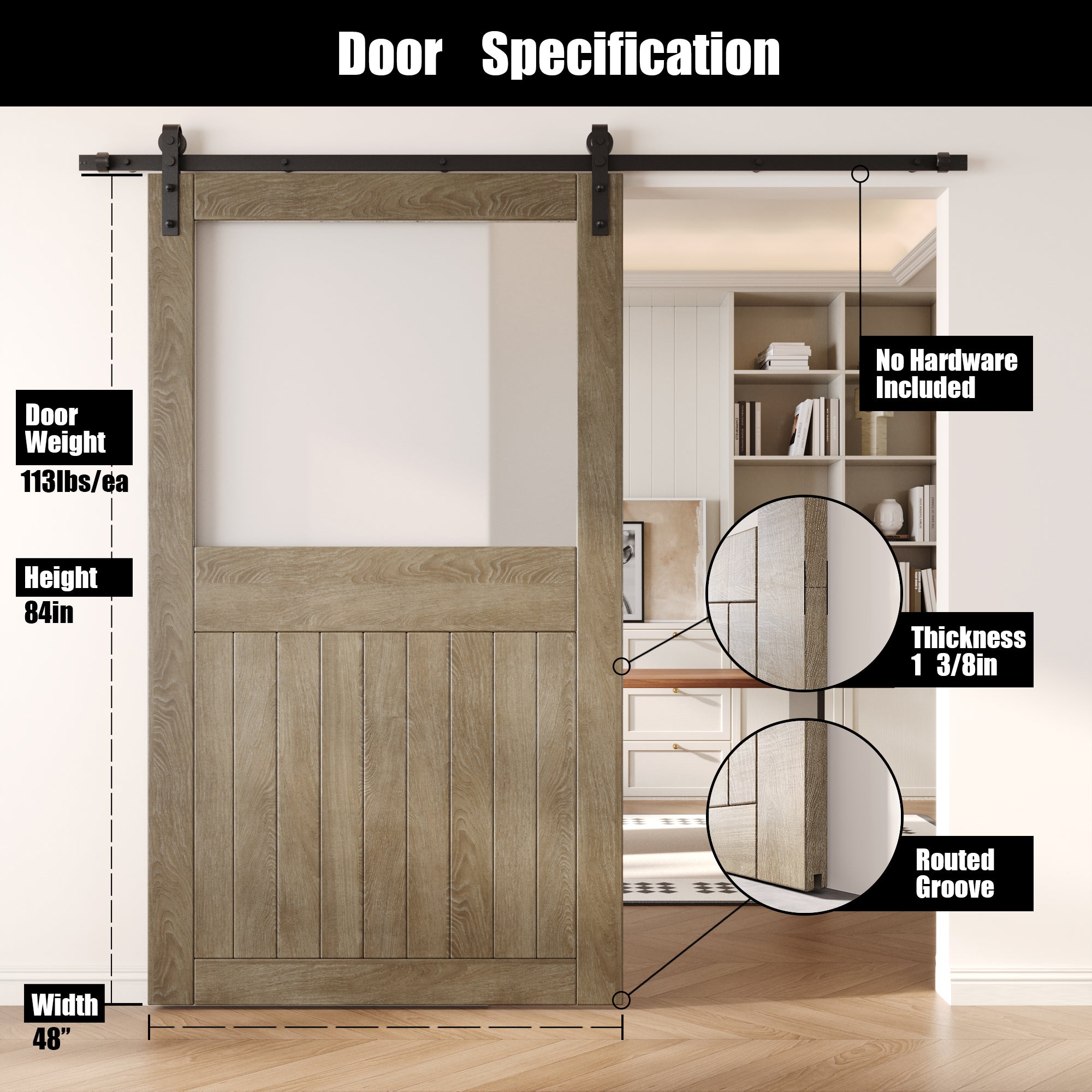 84" Height Classic Gray Half Lite Frosted Glass Unassembled & Finished Pine Wood Barn Door (Interior Use Only)