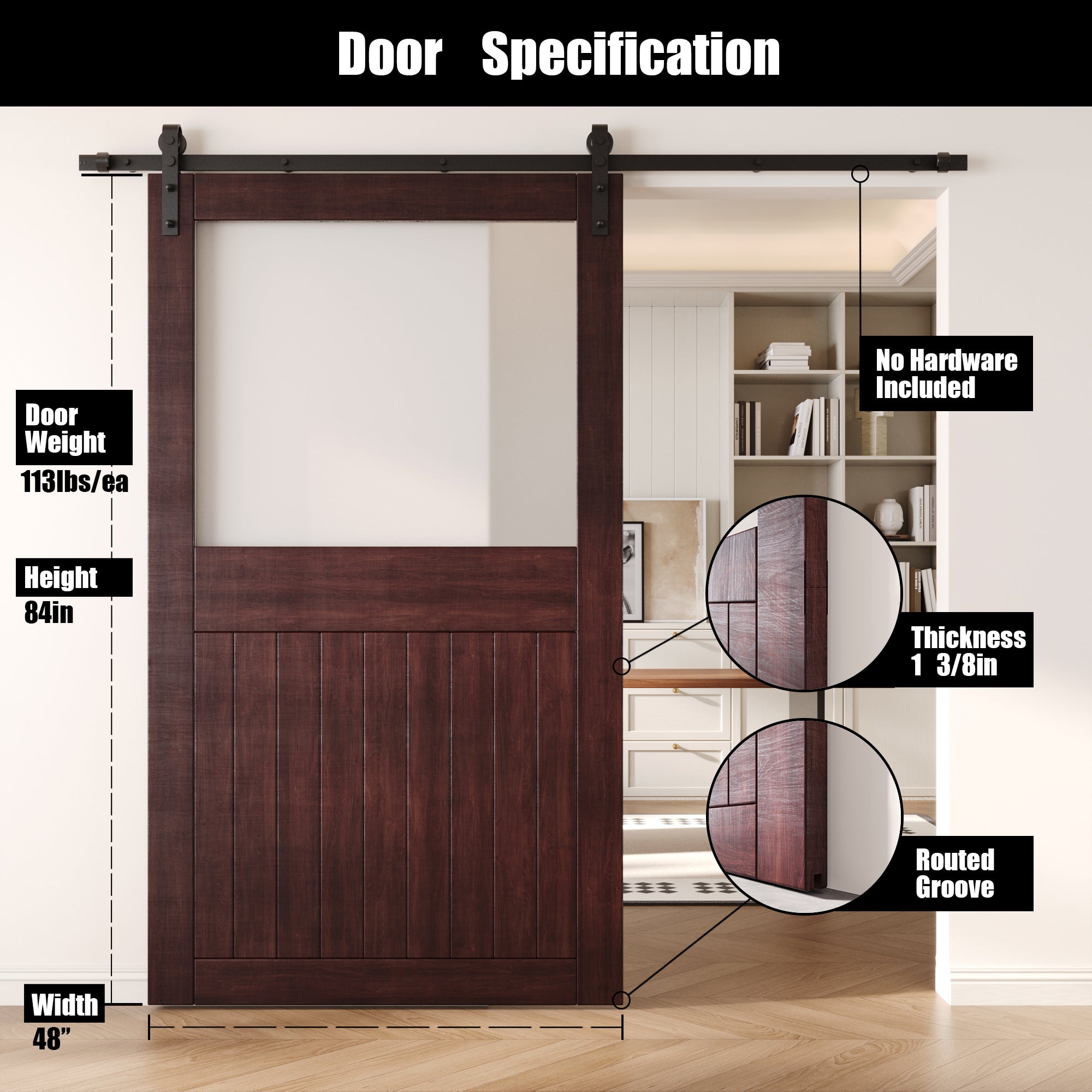 84" Height Red Mahogany Half Lite Frosted Glass Unassembled & Finished Pine Wood Barn Door (Interior Use Only)
