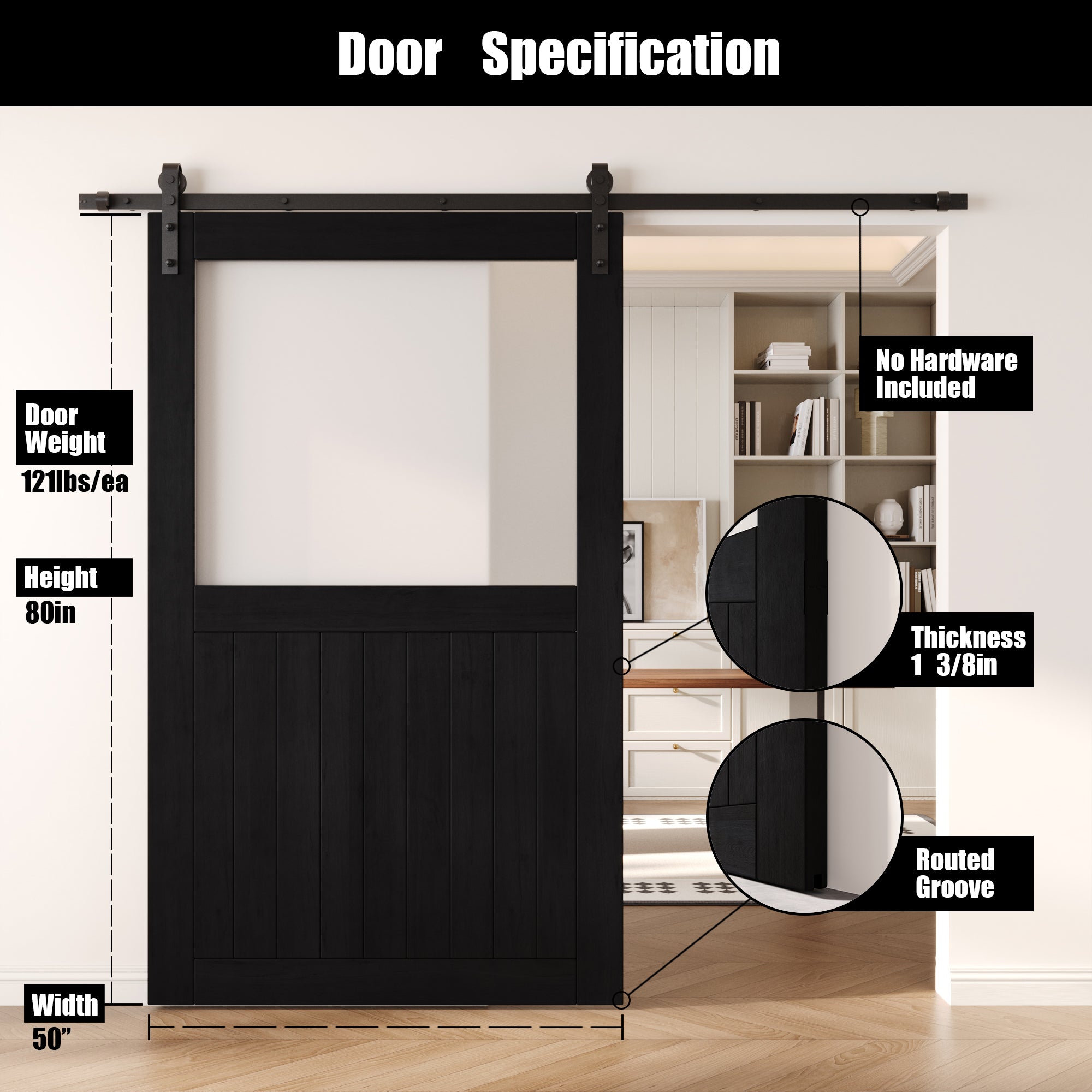80" Height Black Half Lite Frosted Glass Unassembled & Finished Pine Wood Barn Door (Interior Use Only)